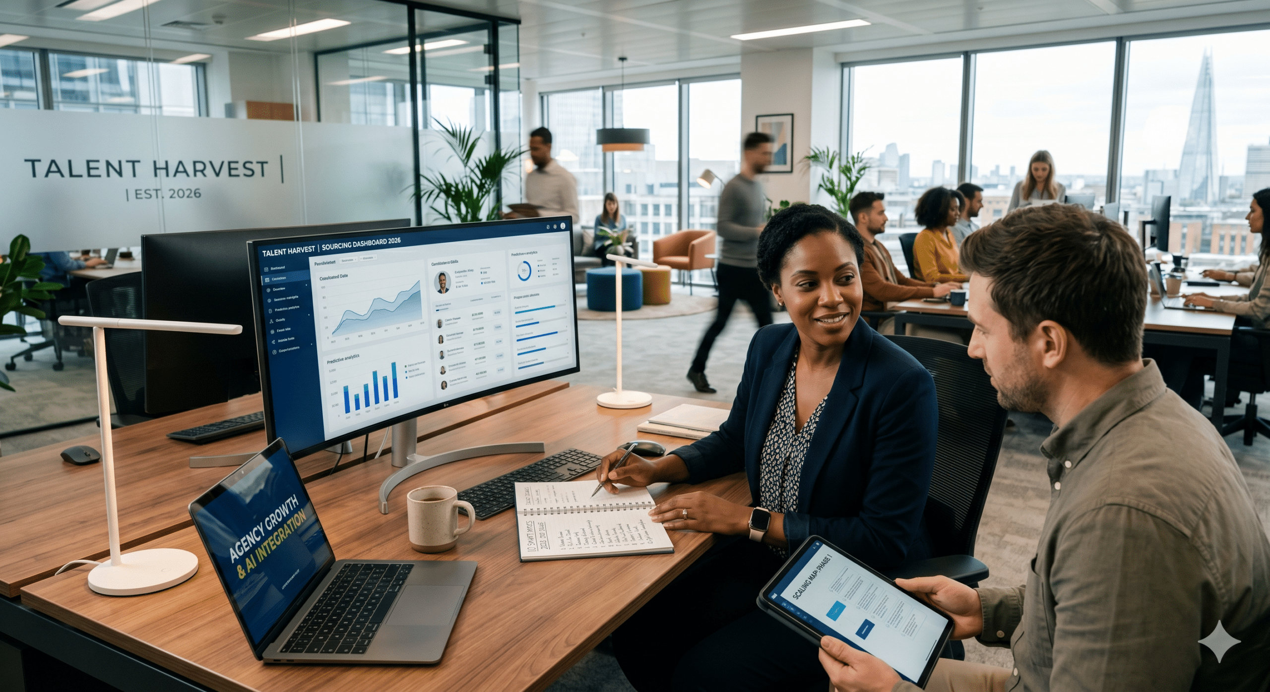 Recruitment business team using talent sourcing software and hiring analytics dashboard to scale a modern recruitment agency in 2026