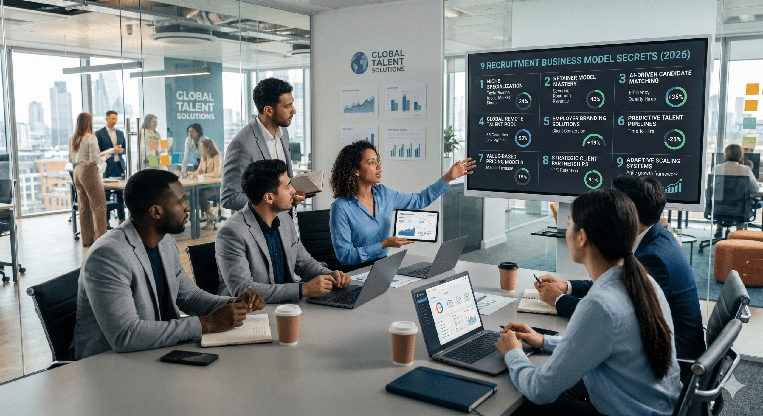 Recruitment business model strategy meeting showing talent acquisition professionals discussing recruitment agency growth, client partnerships, candidate pipelines, and hiring performance metrics in 2026.