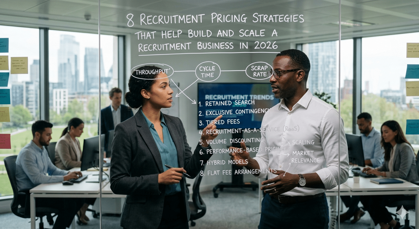 Recruitment pricing strategies meeting showing recruiters discussing agency growth, retained search, recruitment pricing models, throughput, cycle time, and recruitment business scaling in 2026.