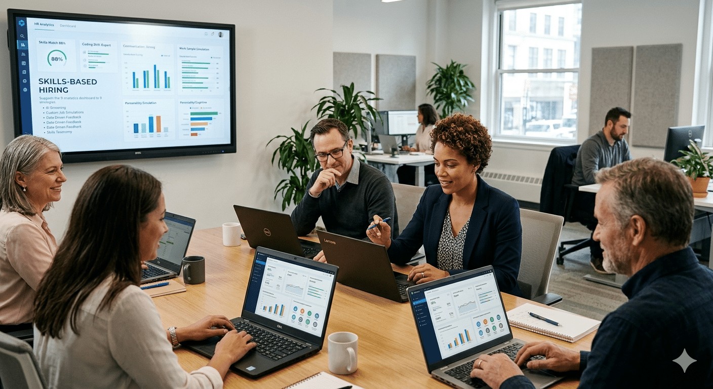 HR professionals using skills assessment tools and analytics dashboards during a skills-based hiring strategy meeting in a modern office environment.