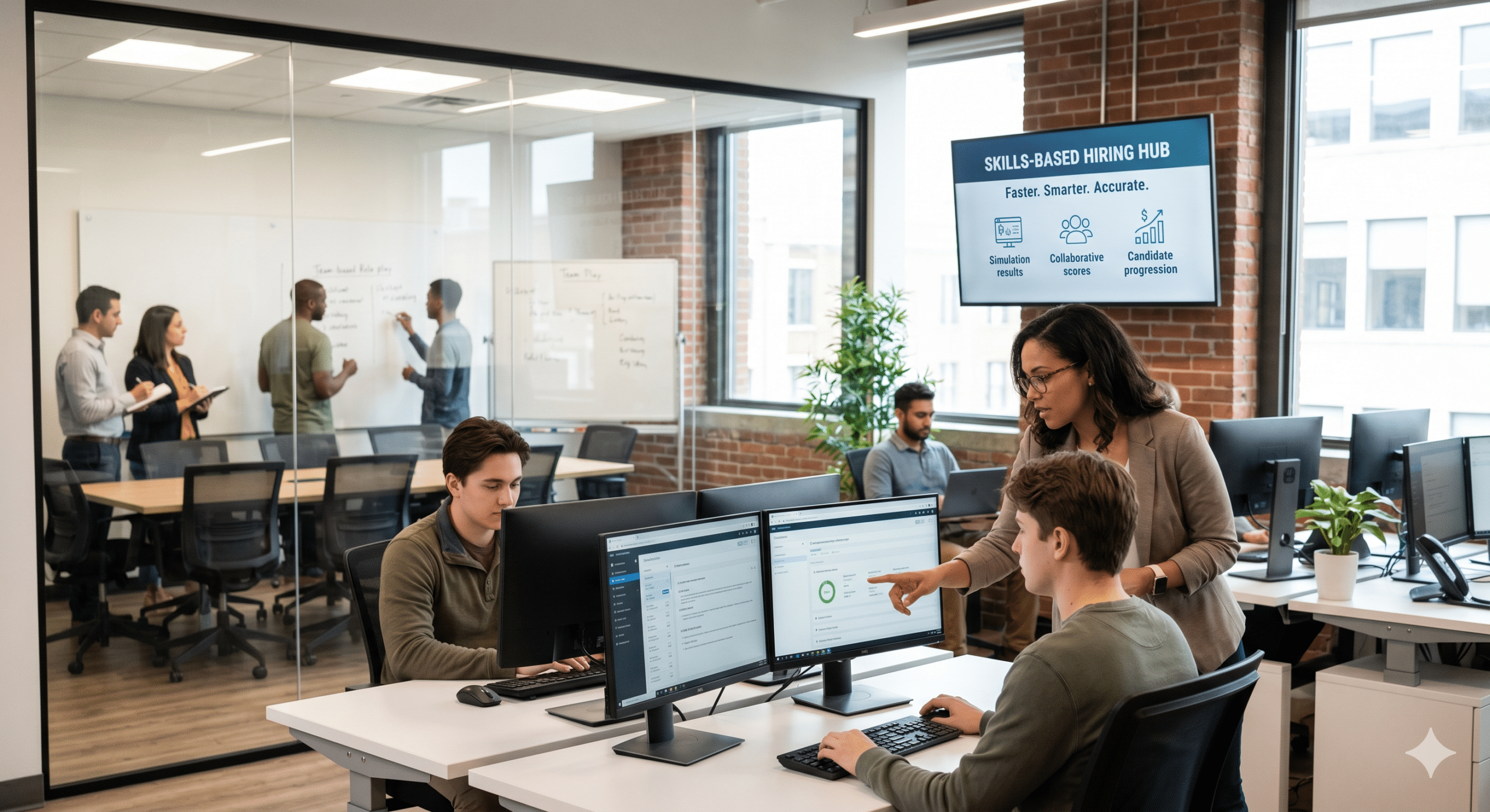 Skills-based hiring team using candidate assessment software and skills evaluation tools to improve recruitment accuracy and hiring decisions in a modern office.