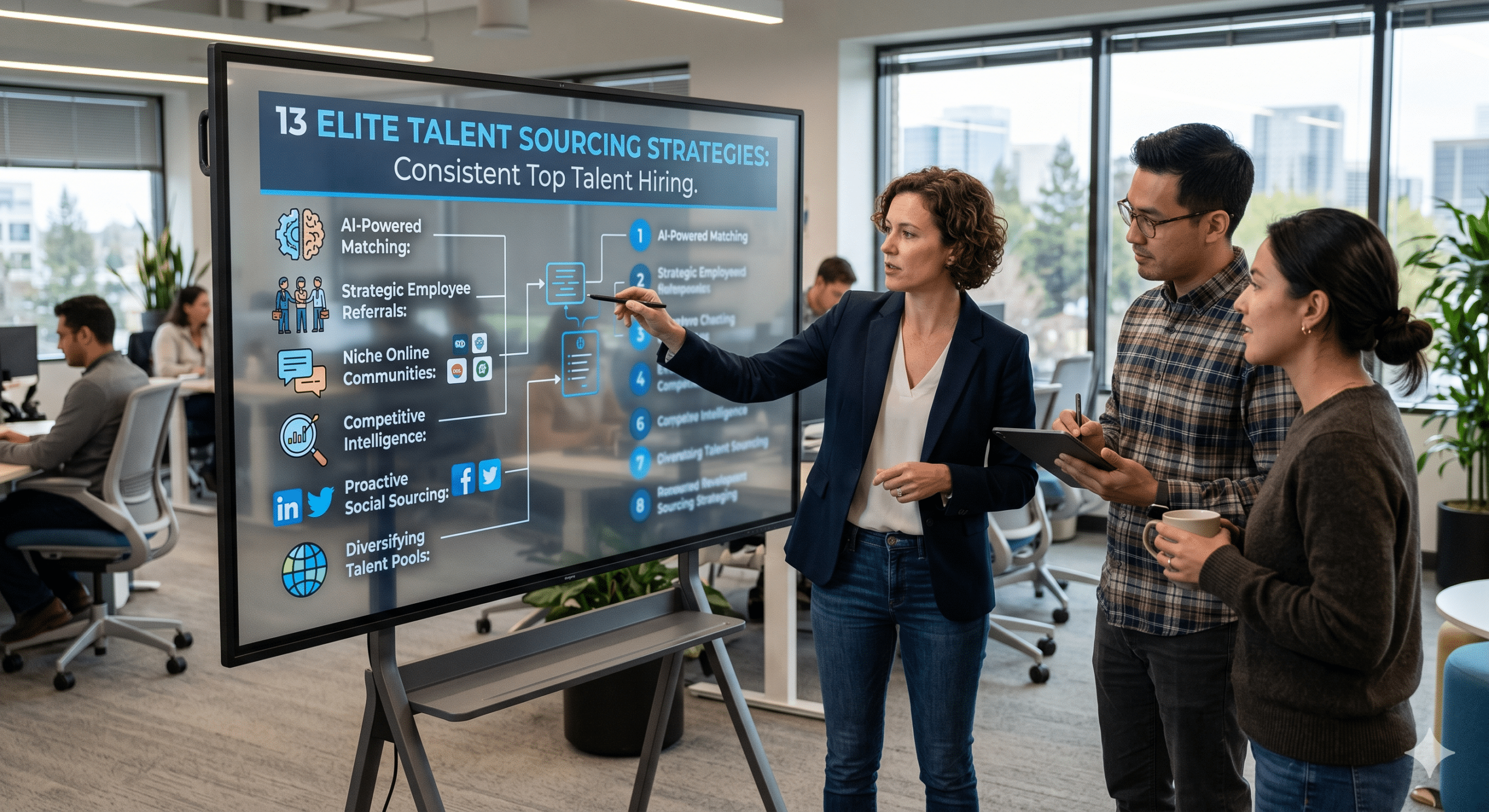 A corporate talent acquisition specialist pointing to a digital display showcasing 13 elite talent sourcing strategies during a team meeting in a modern open-plan office.
