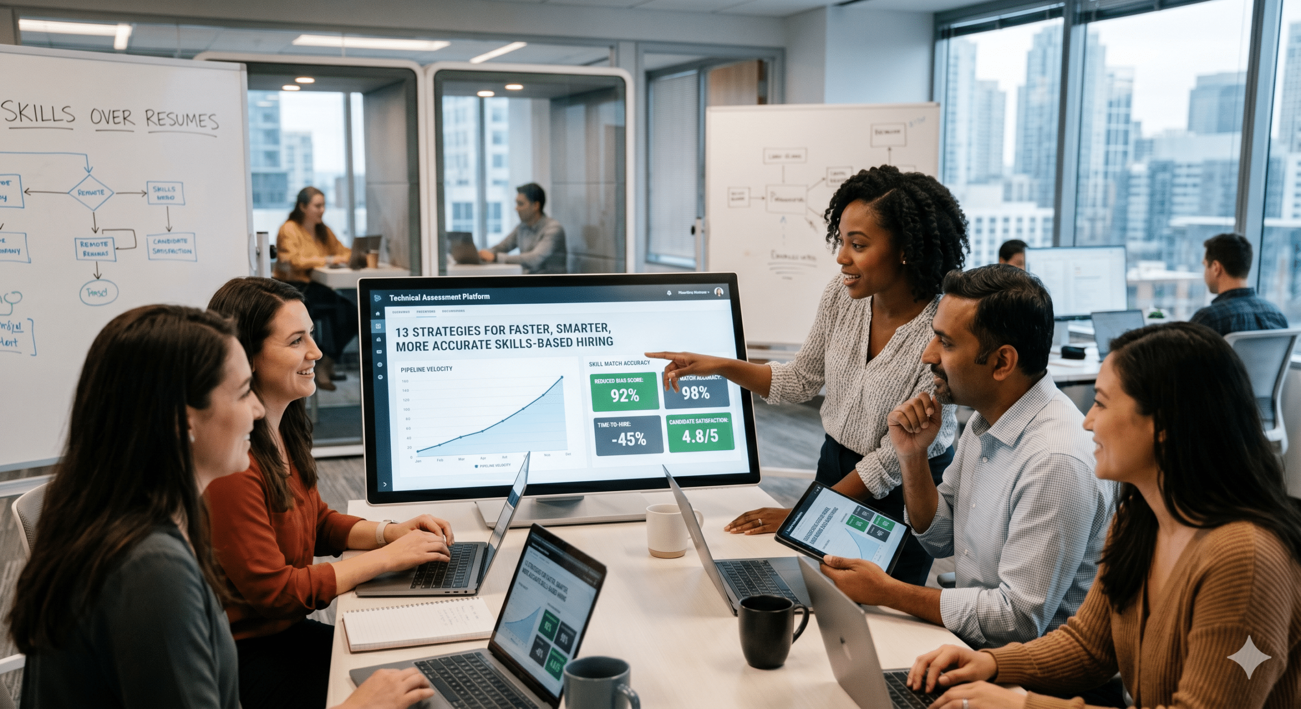 Technical assessment platforms help a diverse hiring team implement skills-based hiring through data-driven candidate evaluations and workforce analytics.