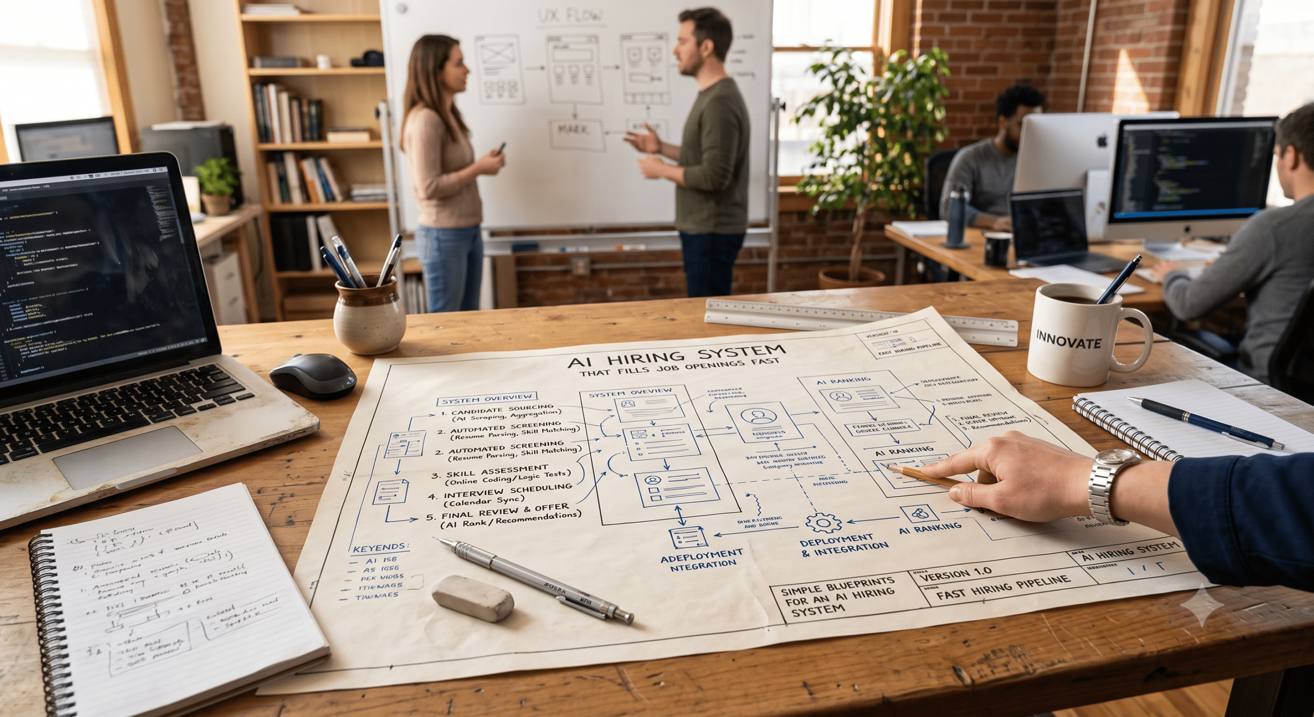 AI recruiting agent architecture diagram showing an automated hiring workflow from candidate sourcing to final selection.