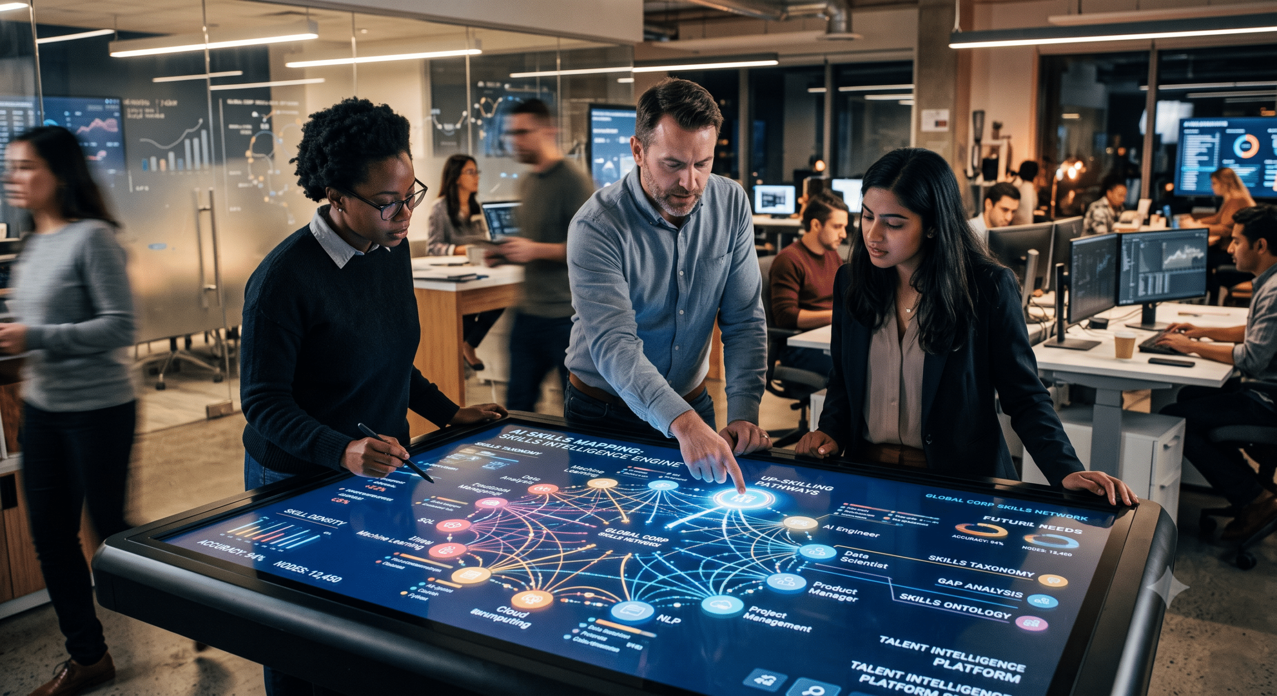 AI skills mapping dashboard helping HR leaders visualize workforce skills, talent intelligence, skills taxonomy, and career pathways in a modern office