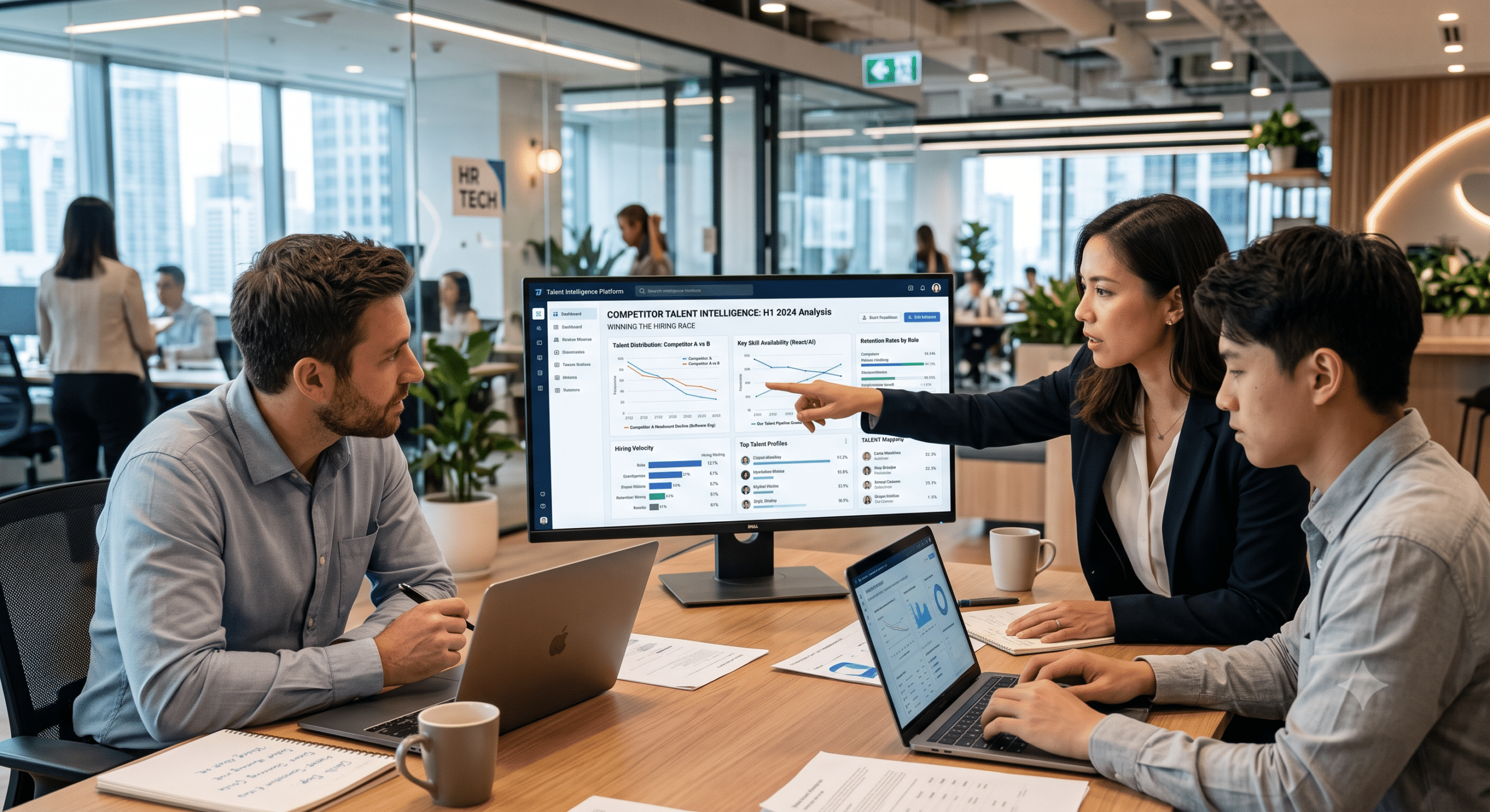 Competitor talent analysis dashboard displayed during a Talent Intelligence Platforms strategy meeting with HR professionals reviewing hiring trends, workforce analytics, and recruitment insights.