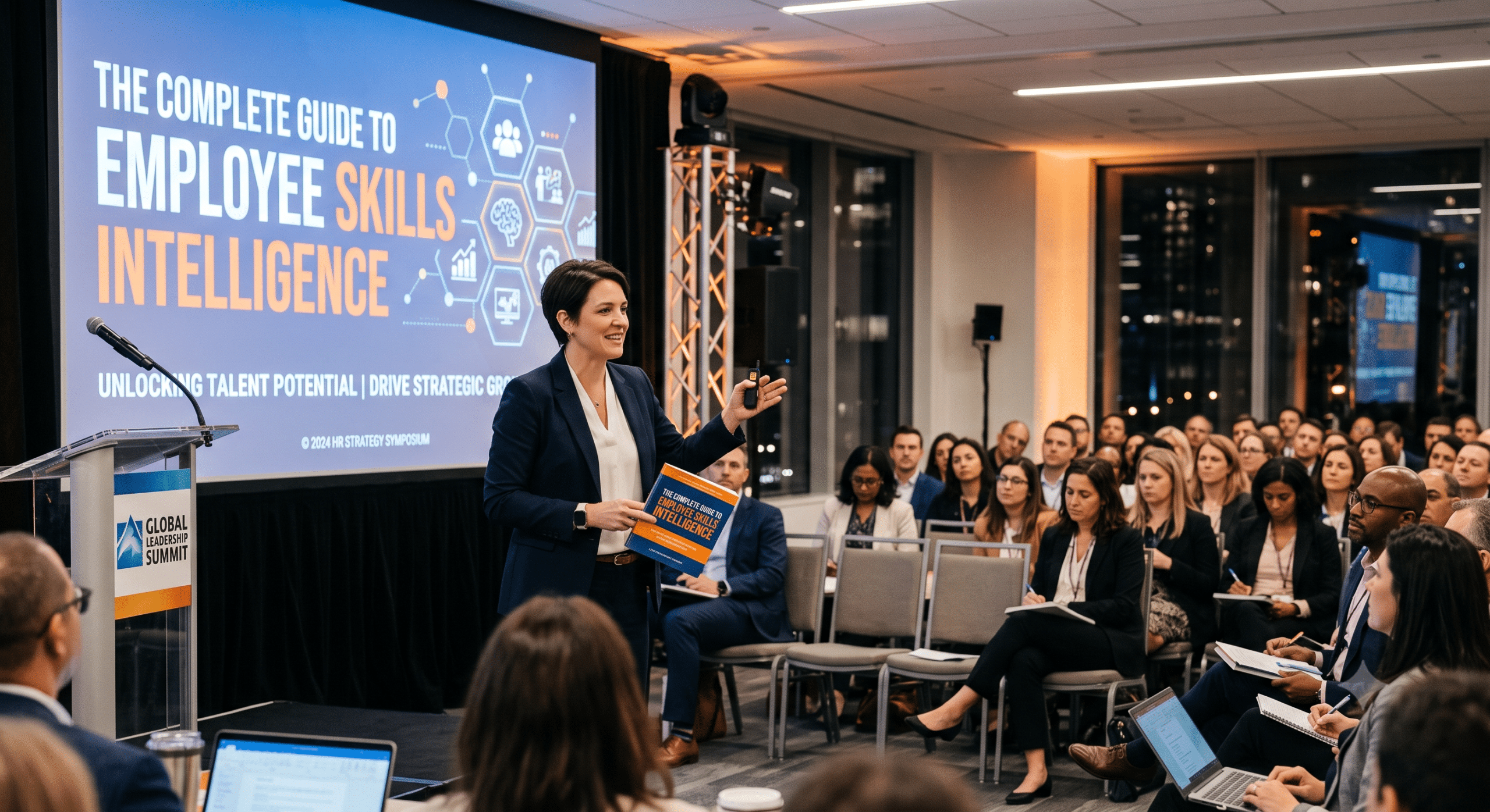 Talent Intelligence Consultant presenting employee skills intelligence strategies during an HR leadership conference focused on Talent Intelligence Platforms
