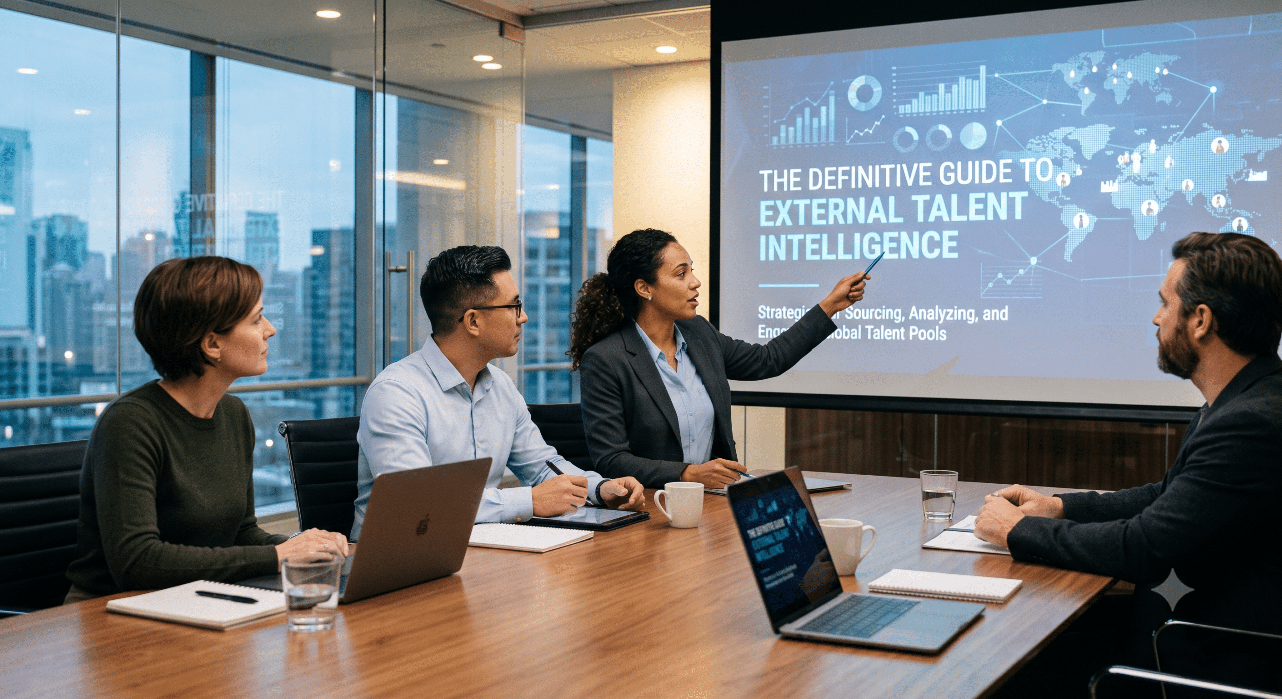 External talent intelligence presentation showing HR professionals analyzing workforce intelligence, labor market trends, and global talent data during a business strategy meeting.
