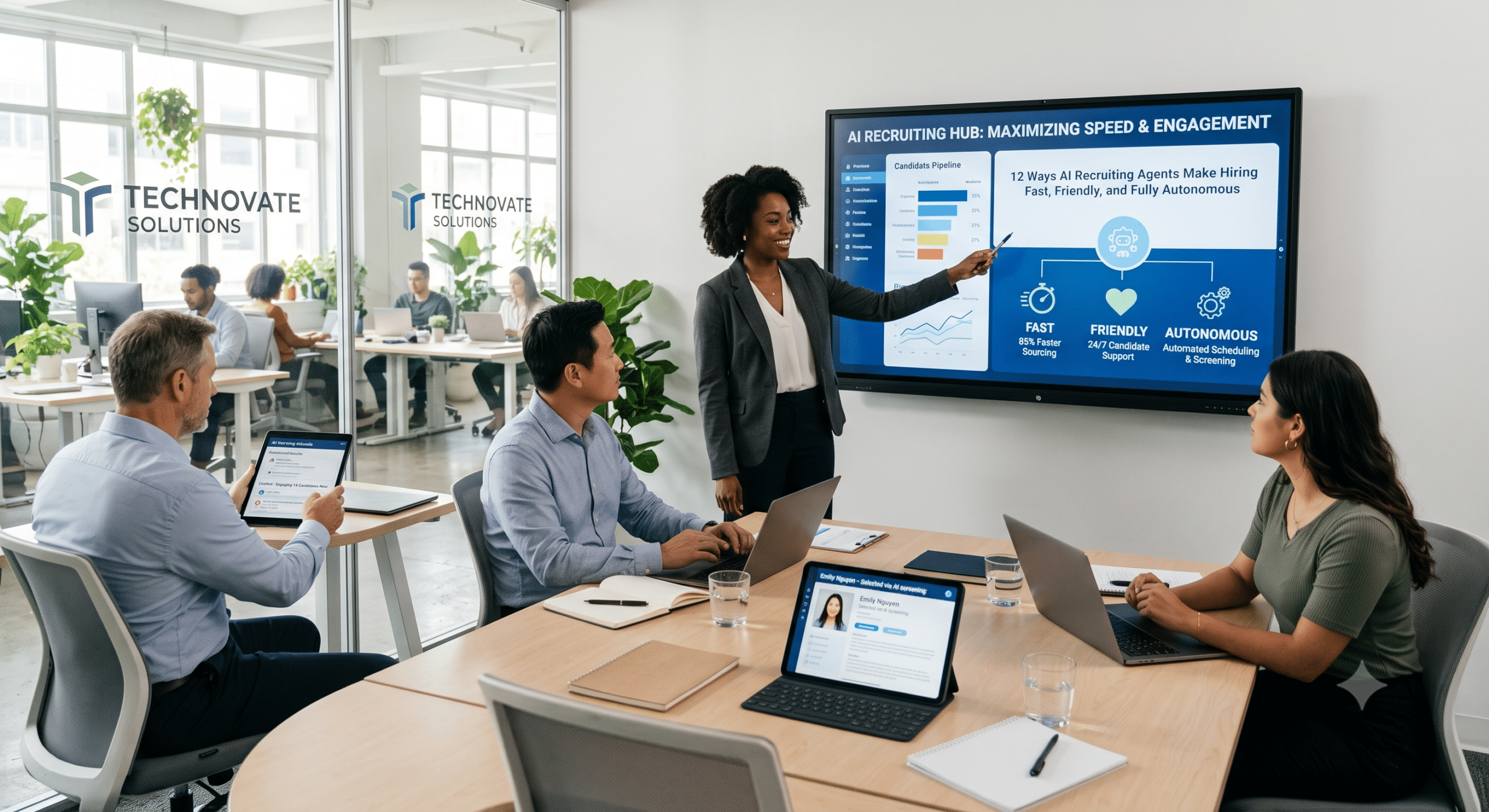 Human AI recruiter collaborating with AI recruiting agents to automate candidate sourcing, screening, and hiring.