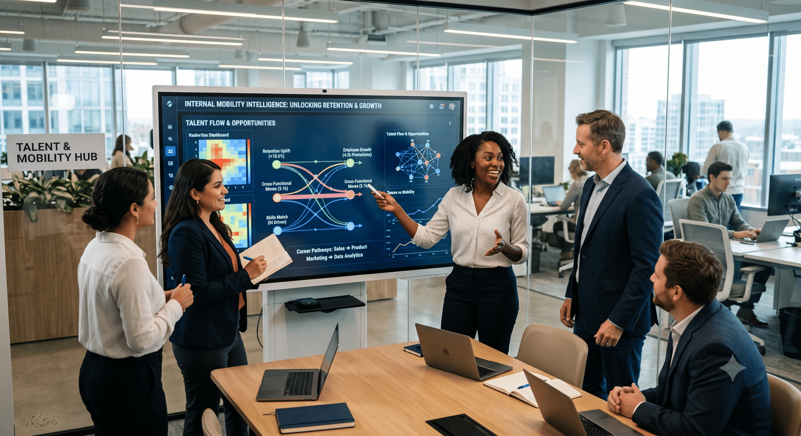 Internal mobility intelligence dashboard displayed during a talent intelligence platform strategy meeting, showing employee skills mapping, career pathways, workforce analytics, and internal talent mobility insights.