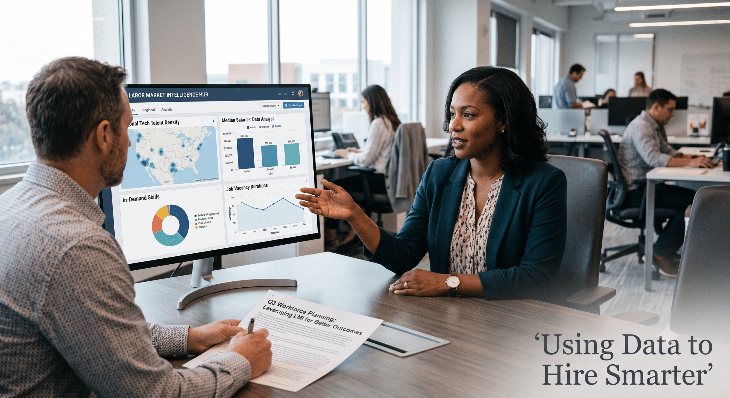 HR professionals reviewing labor market intelligence dashboard with workforce analytics, salary trends, talent demand, and hiring insights in a modern office.