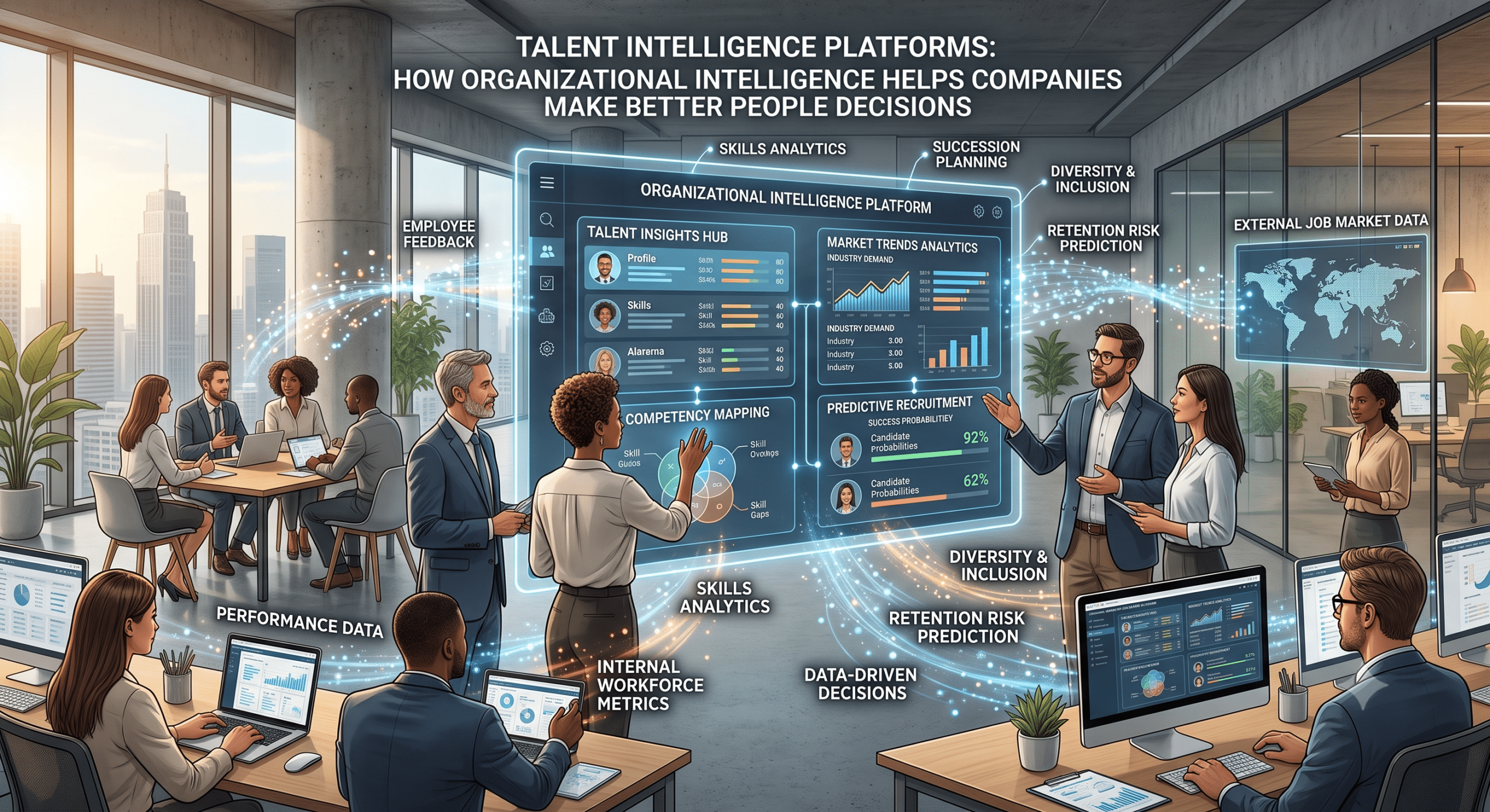 Talent Intelligence Platform dashboard visualizing organizational intelligence with skills analytics, workforce planning, predictive recruitment, employee performance data, and business decision-making.