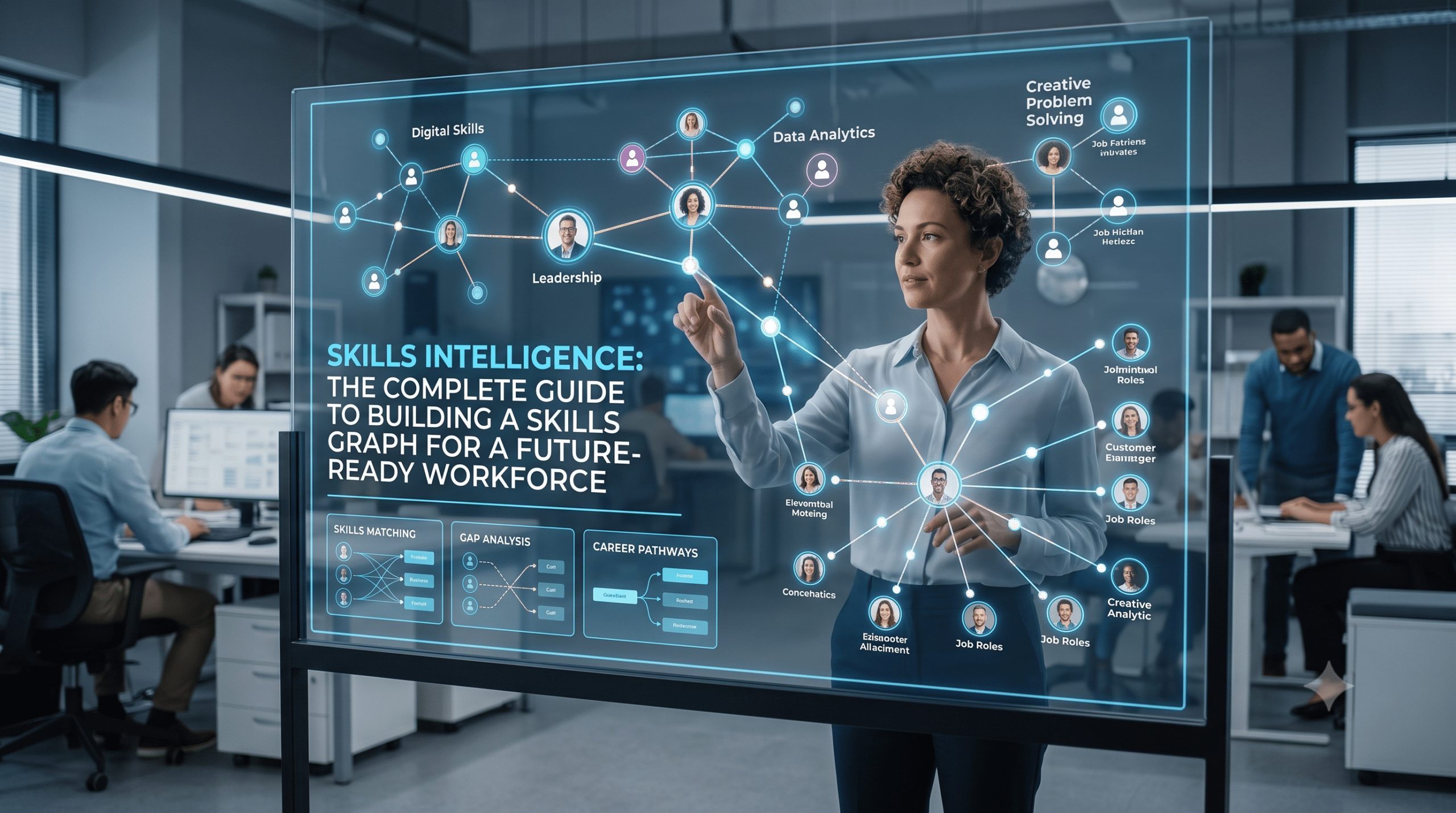 Skills Intelligence dashboard showing a skills graph connecting employees, job roles, digital skills, leadership, data analytics, career pathways, and workforce capabilities for future-ready talent management.