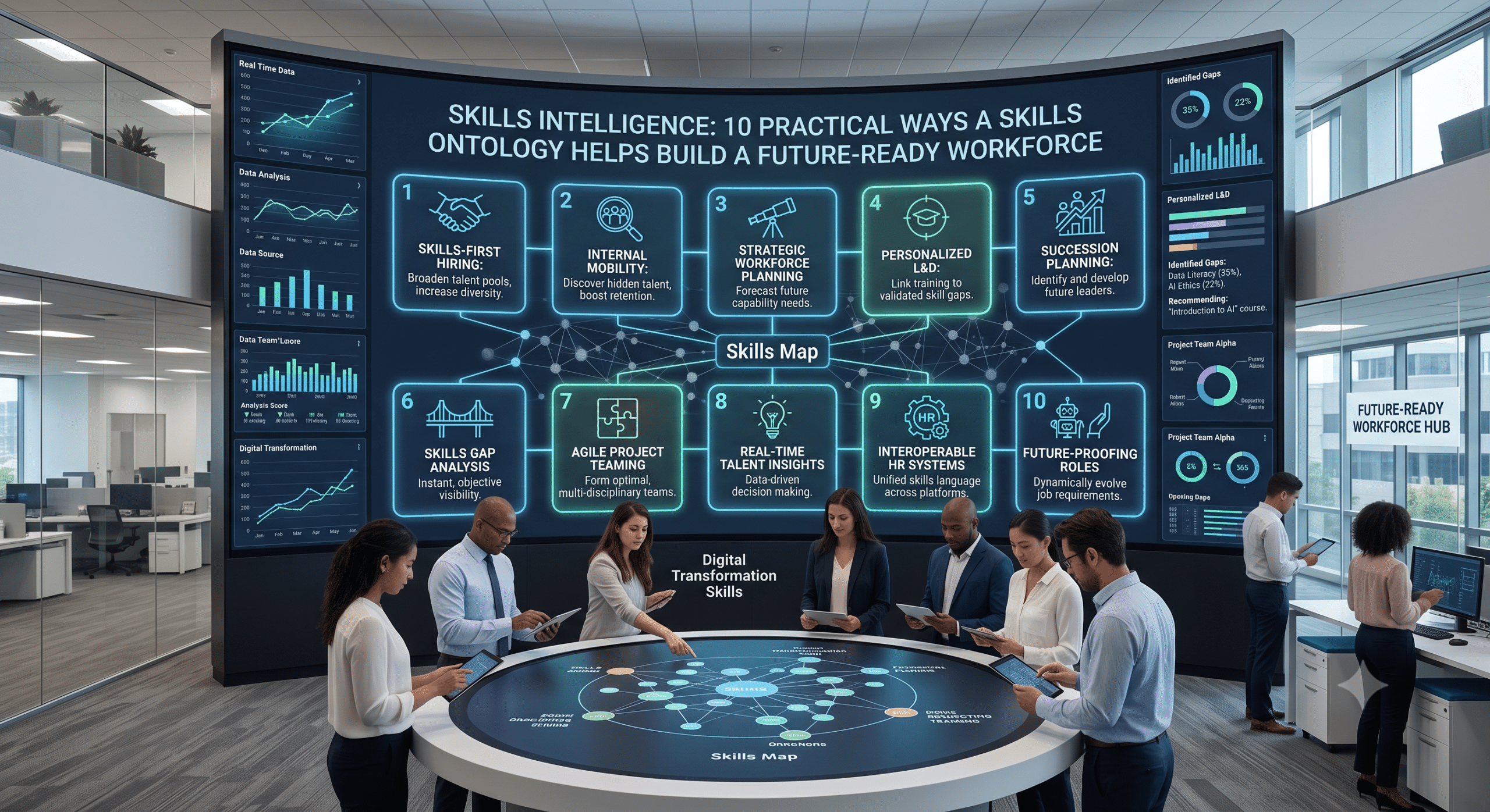Skills ontology dashboard showing 10 practical ways skills intelligence improves workforce planning, internal mobility, skills gap analysis, personalized learning, and future-ready talent management.