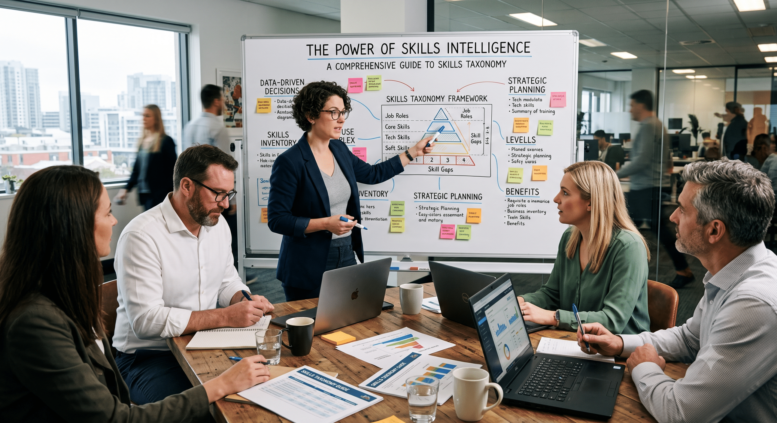 Skills taxonomy workshop showing HR professionals using skills intelligence to map workforce capabilities and improve strategic talent planning in a modern office meeting.