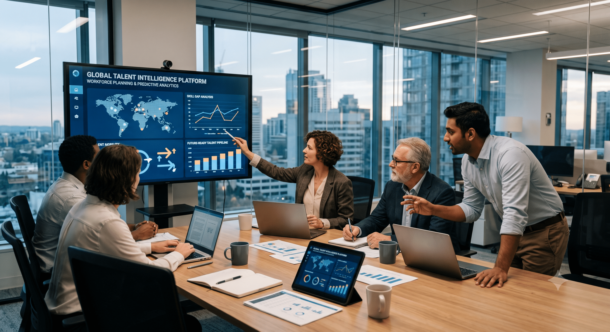 Talent intelligence platform dashboard helping HR leaders analyze workforce intelligence, skills gaps, and hiring trends during a business meeting.