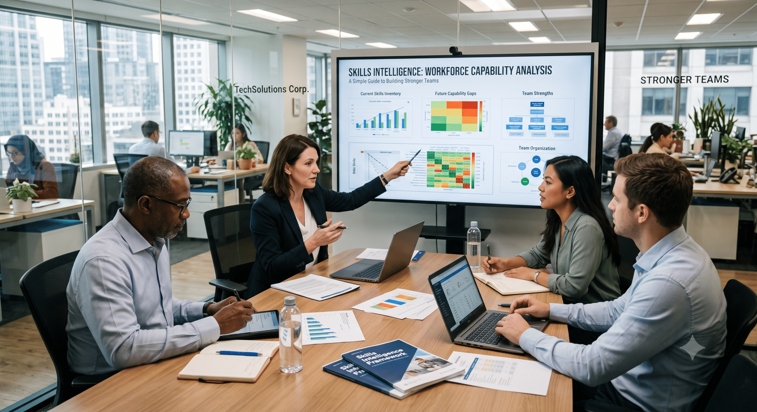 Workforce capability analysis meeting using skills intelligence dashboards to assess employee skills, identify capability gaps, and improve workforce planning.