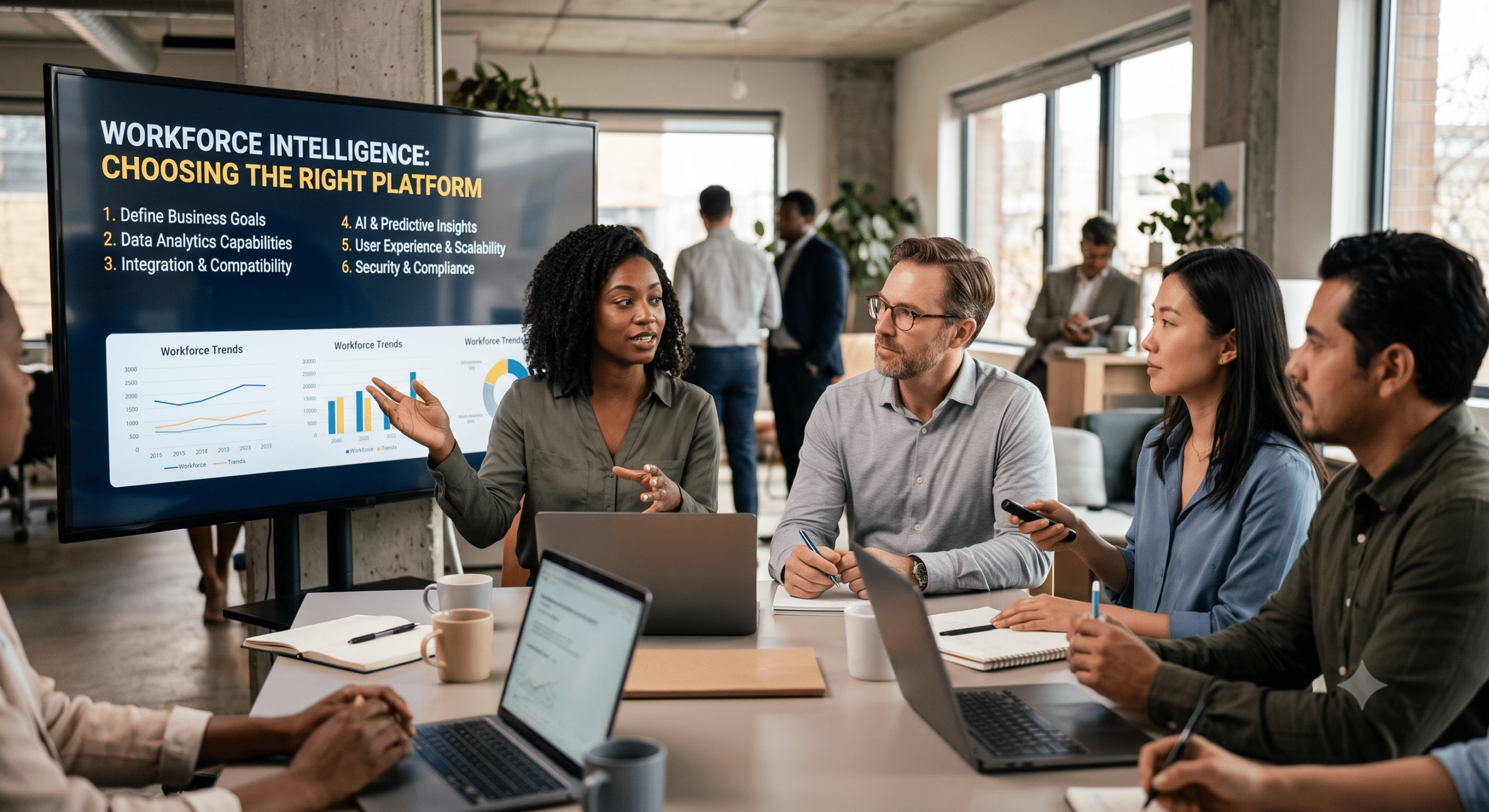 Workforce intelligence platform presentation with HR professionals reviewing workforce analytics, predictive insights, and business planning dashboards during a strategy meeting.