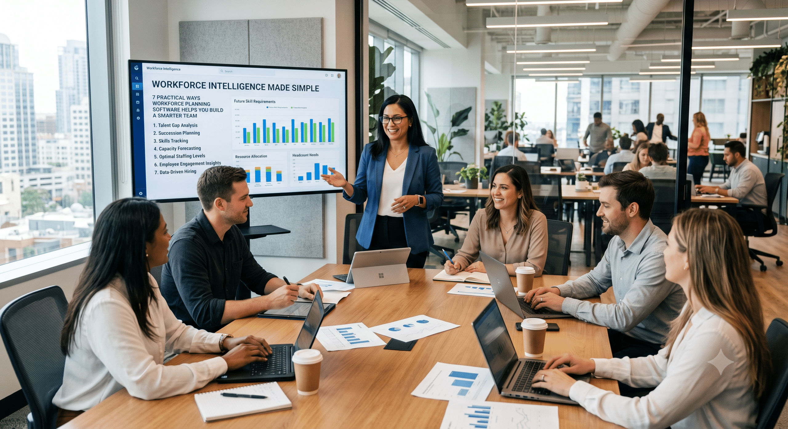 Workforce planning software dashboard presented during a business meeting with HR leaders reviewing workforce intelligence and staffing analytics.