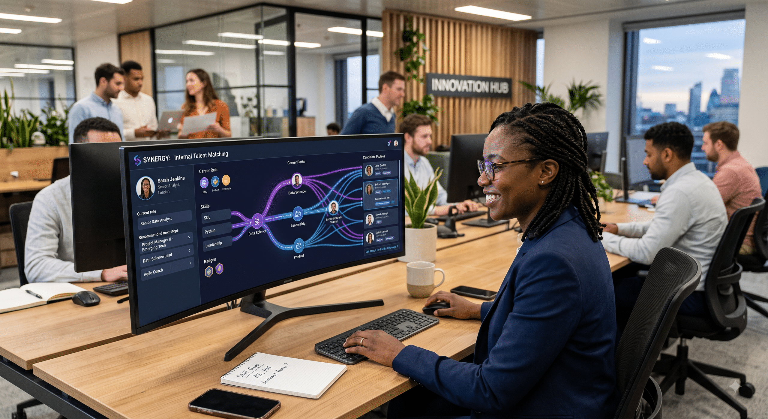 AI career matching platform displaying employee skills, career paths, and internal talent opportunities in a modern workplace