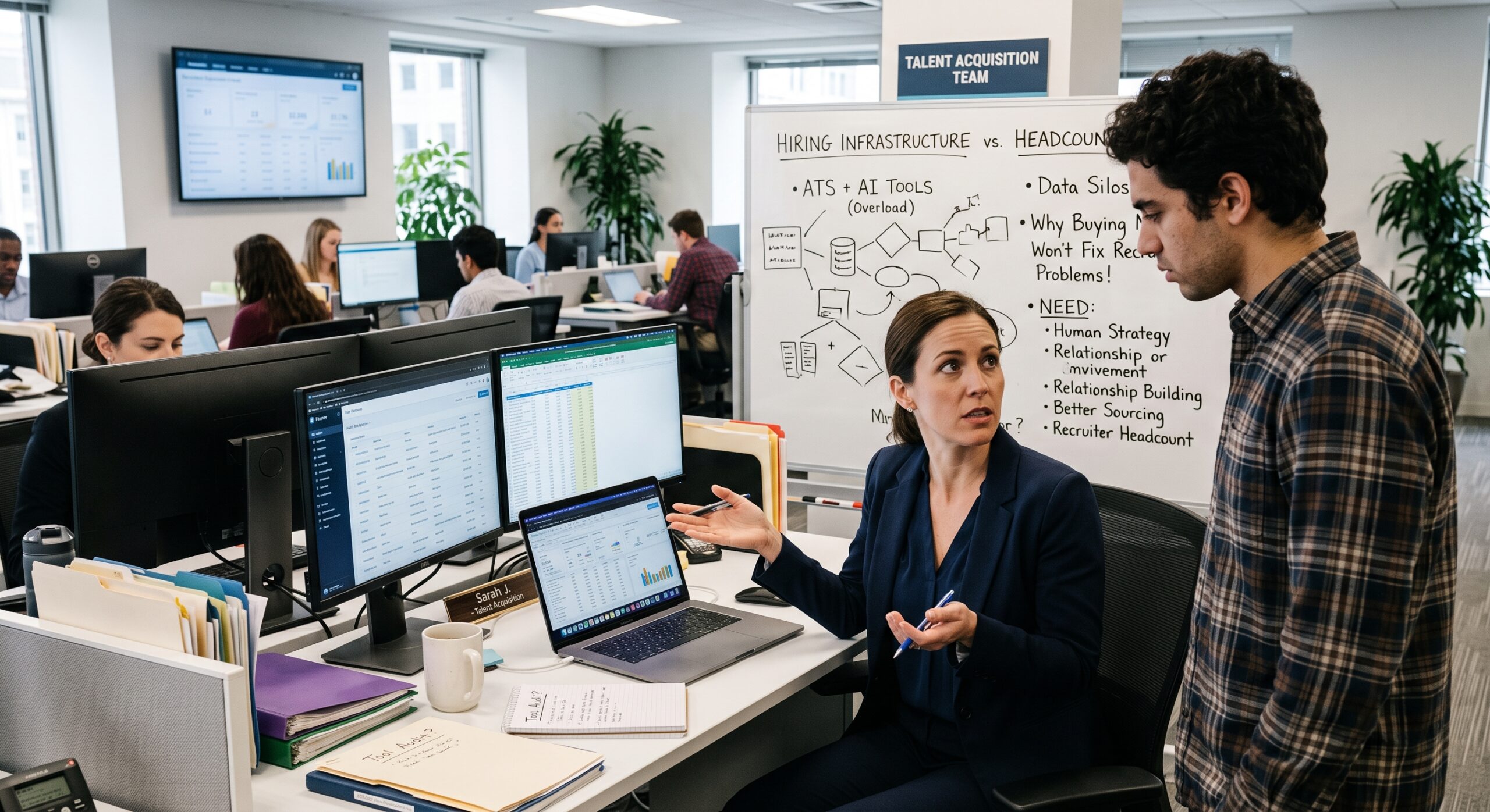 Talent acquisition team discussing recruitment infrastructure, AI hiring tools, data silos, and recruiter headcount