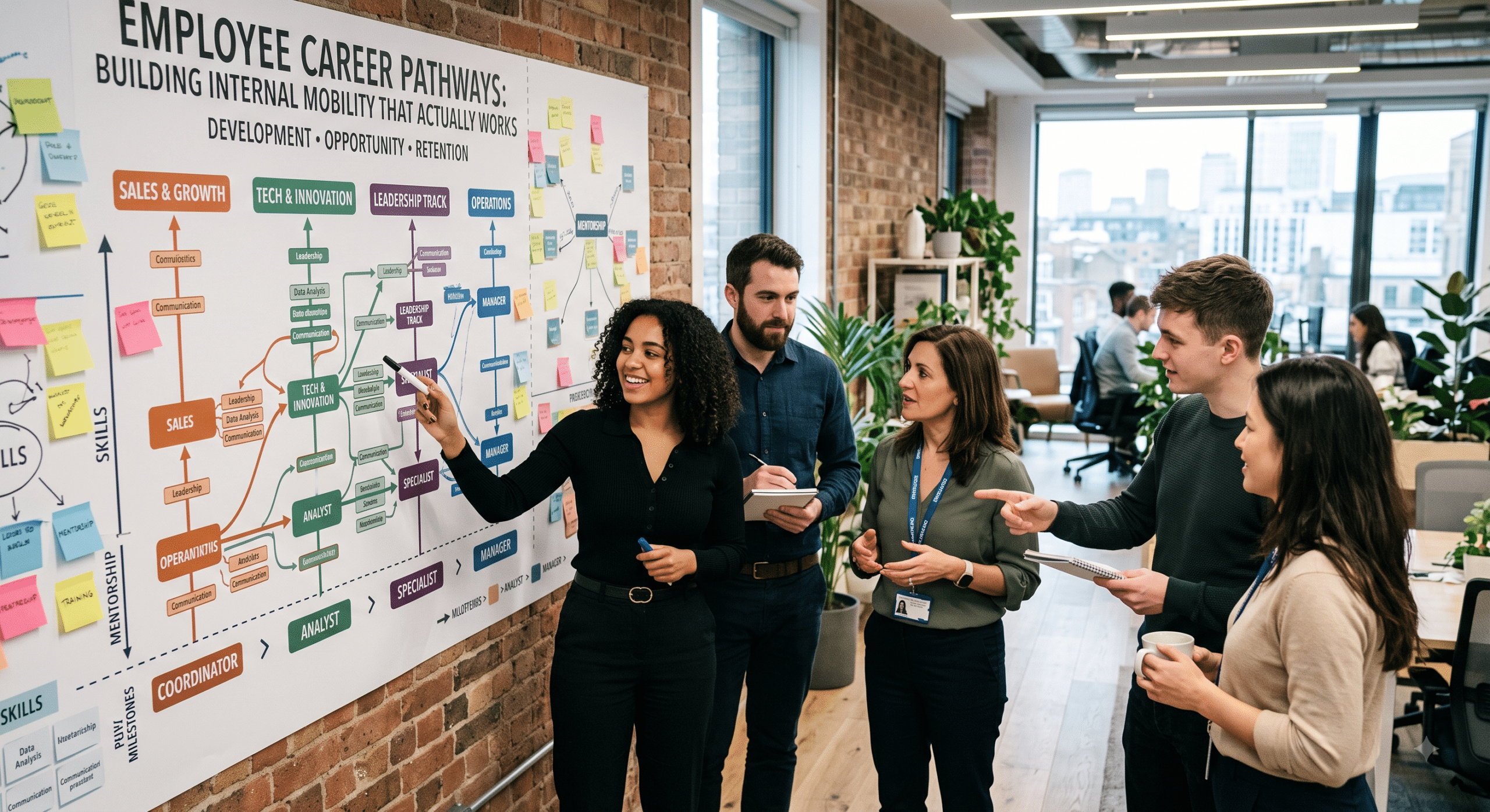 Employee career pathways showing internal mobility, skills development, leadership tracks, and career growth opportunities in a modern workplace