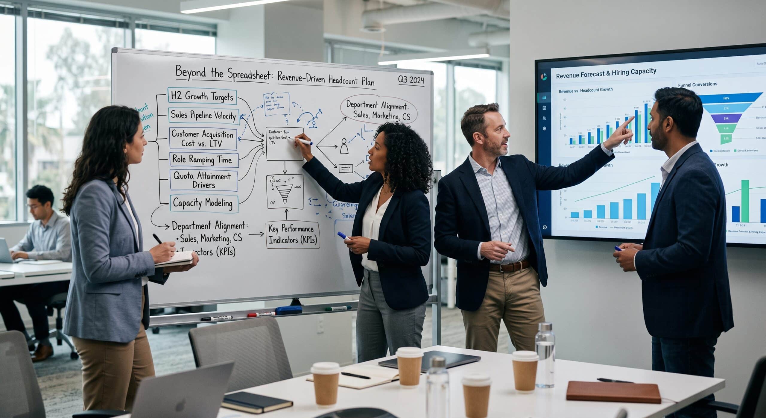 Business team discussing revenue-driven headcount planning with sales pipeline, hiring capacity, KPIs, and growth forecasts