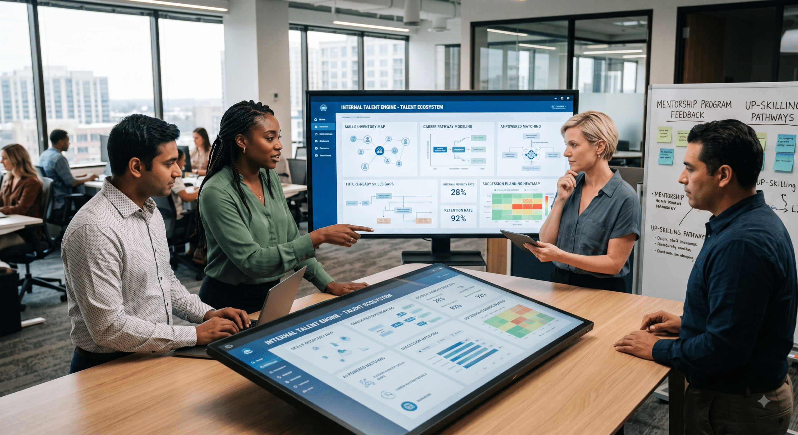 HR professionals reviewing an internal hiring systems dashboard showing skills inventory, career pathways, AI-powered talent matching, succession planning, and employee mobility metrics.
