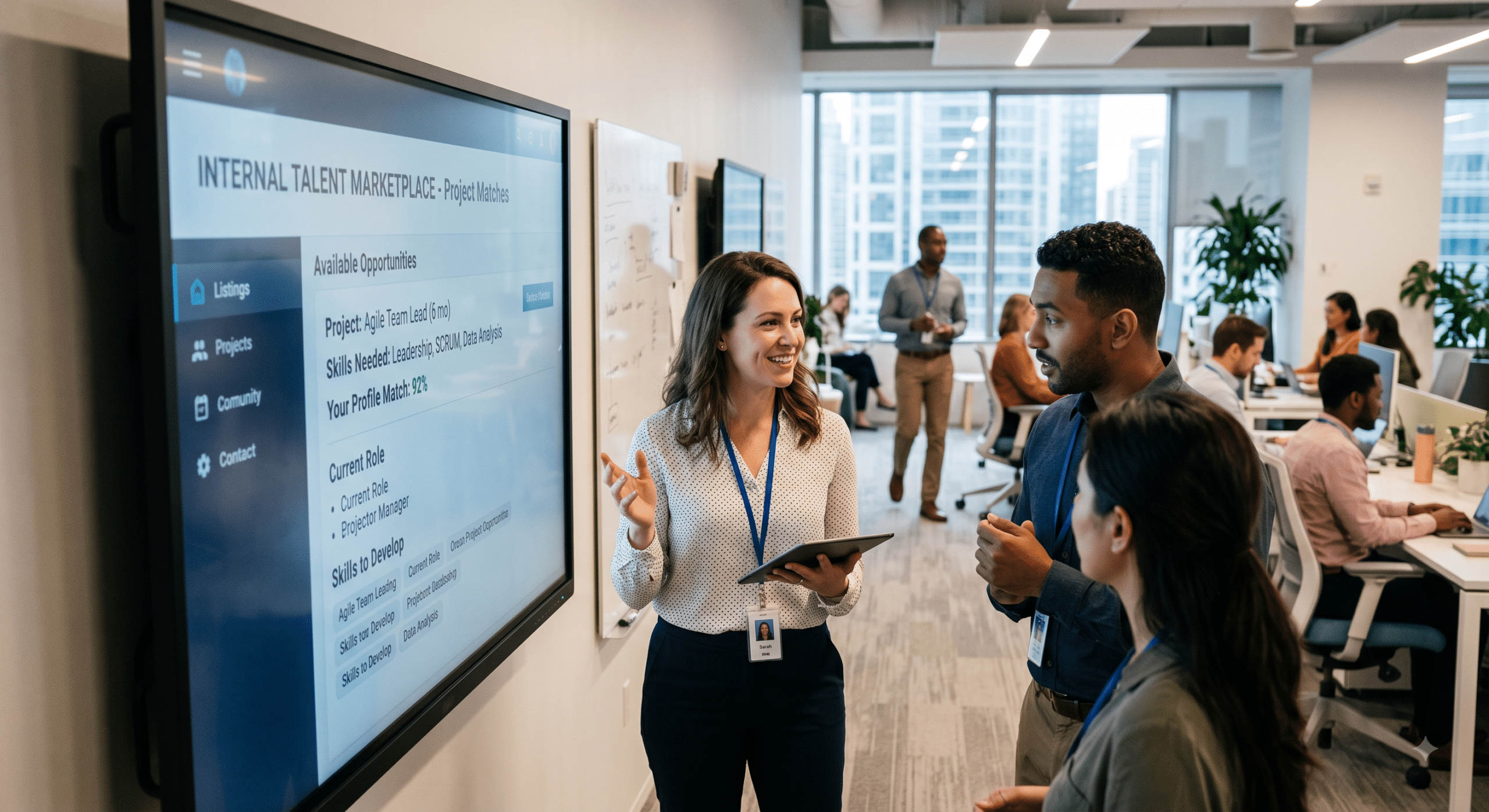 Internal talent marketplace platform showing employees matching skills with project opportunities