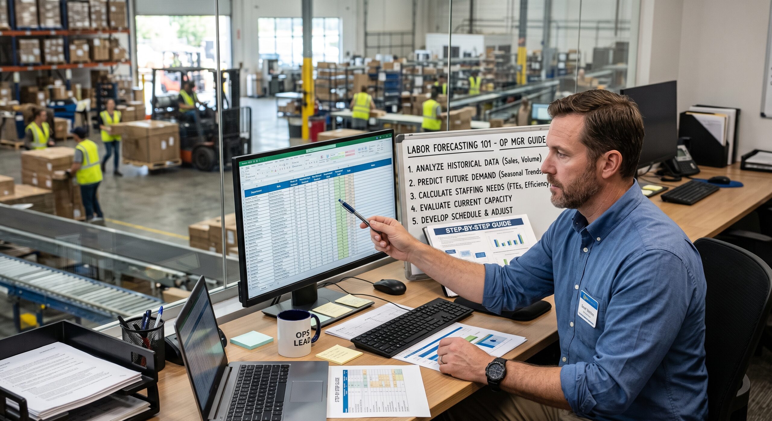 Operations manager analyzing labor forecasting data, staffing needs, workforce capacity, and future demand in a warehouse