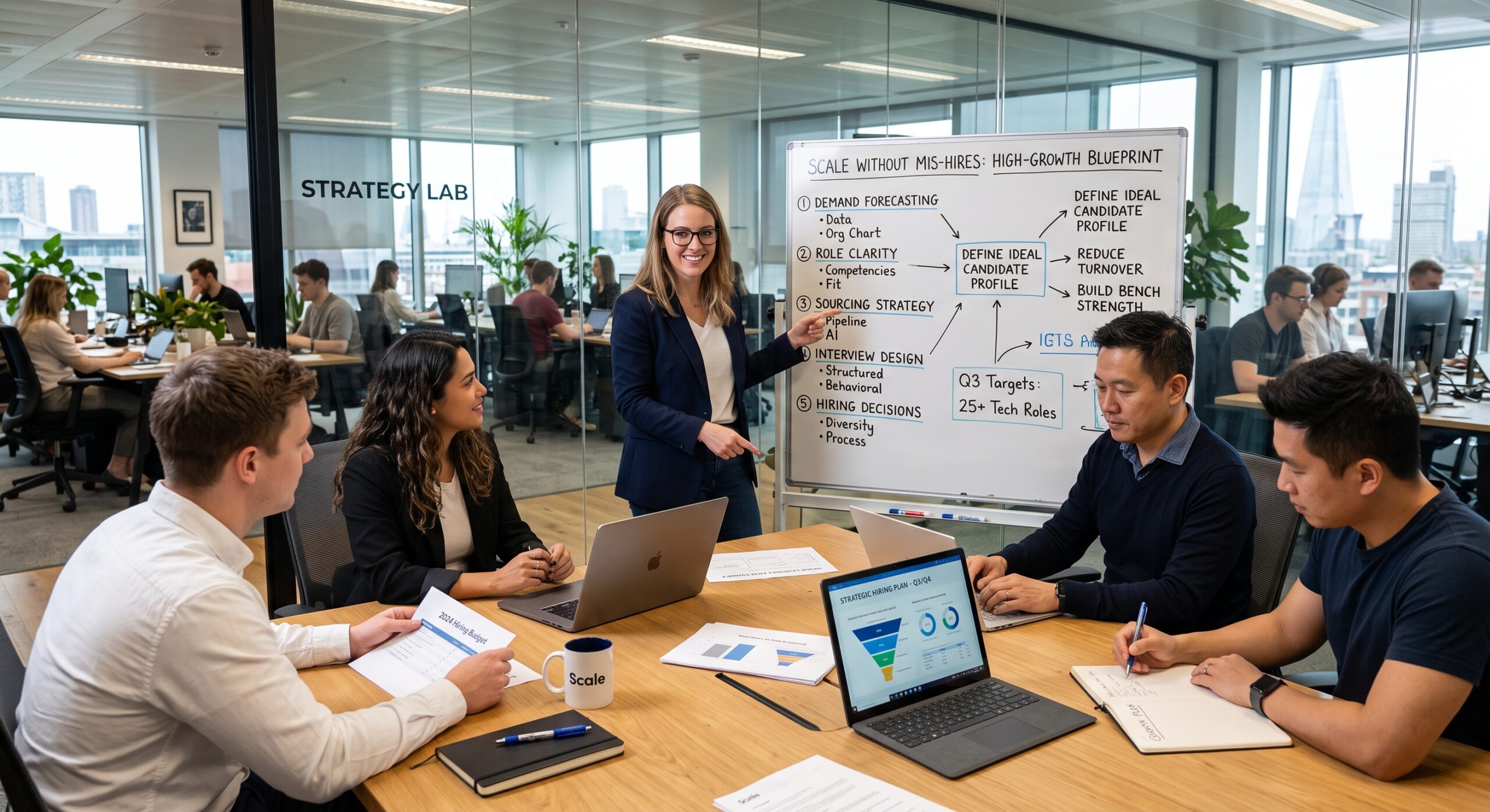 Business team discussing strategic hiring planning, demand forecasting, candidate profiles, sourcing strategy, and workforce growth