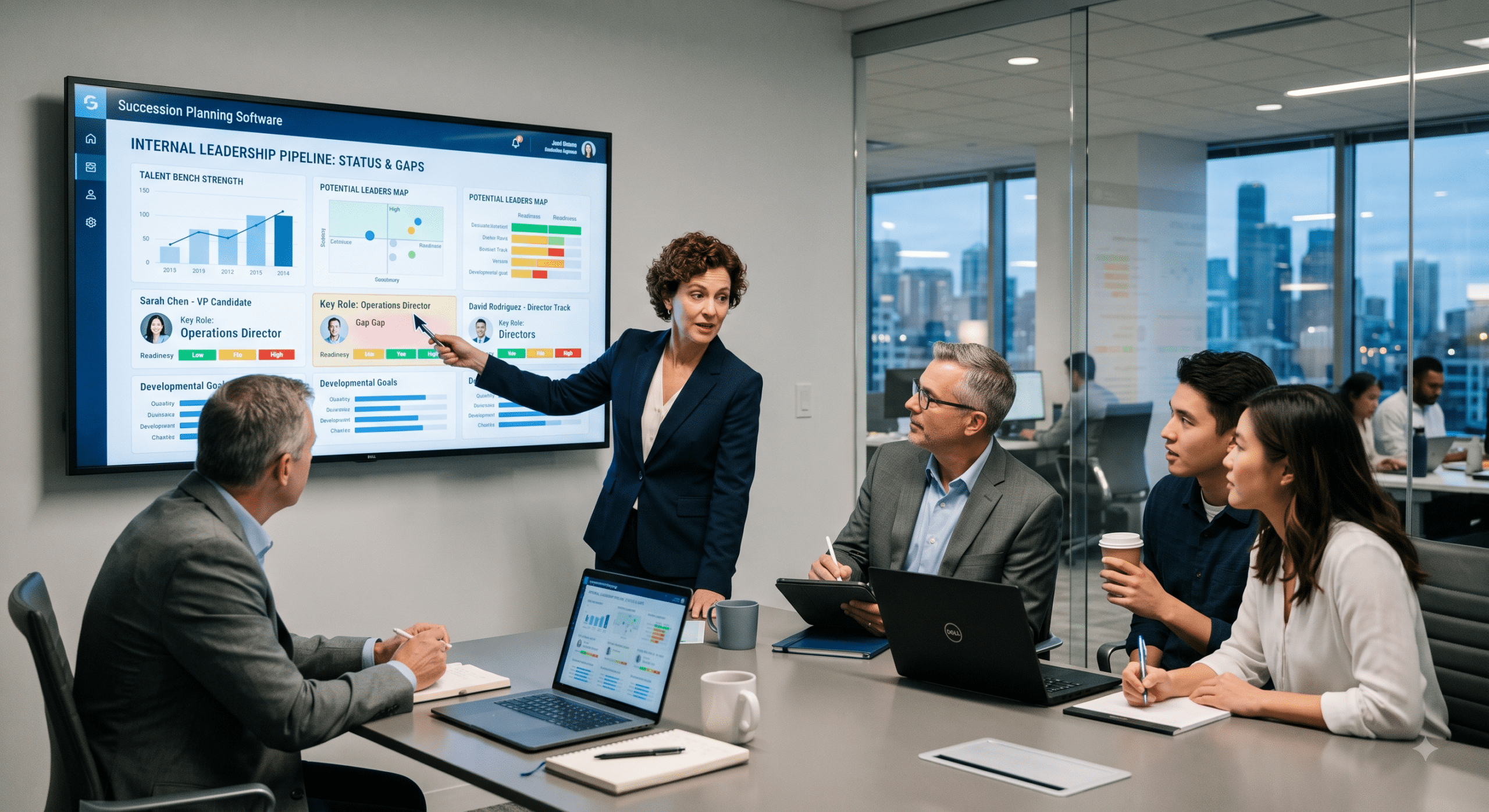 Succession planning software dashboard showing internal leadership pipeline, talent readiness, potential successors, and development gaps during an HR strategy meeting.