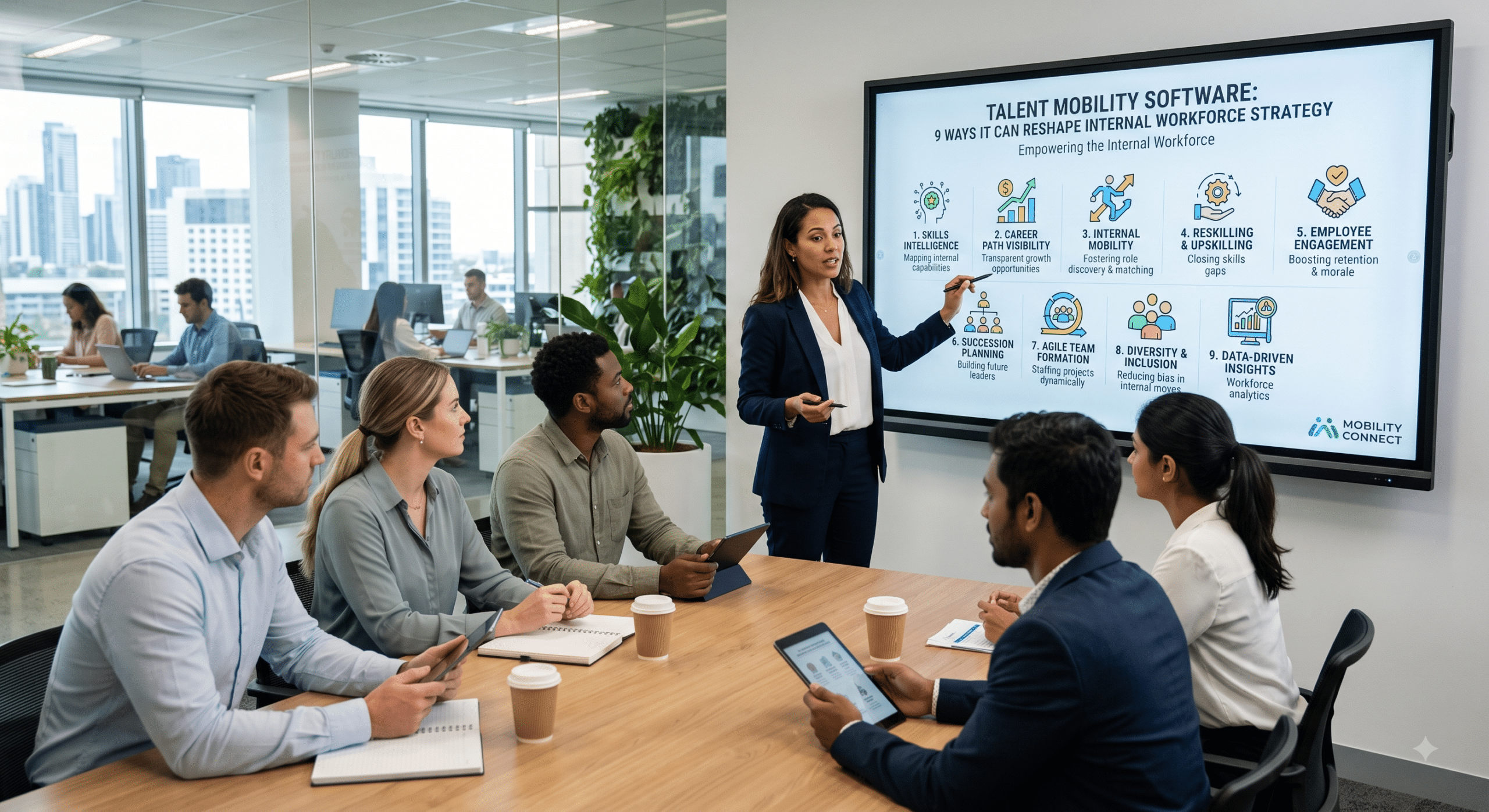 Talent mobility software presentation showing 9 ways to reshape internal workforce strategy, including skills intelligence, career paths, internal mobility, reskilling, employee engagement, succession planning, agile teams, diversity and data-driven workforce insights.