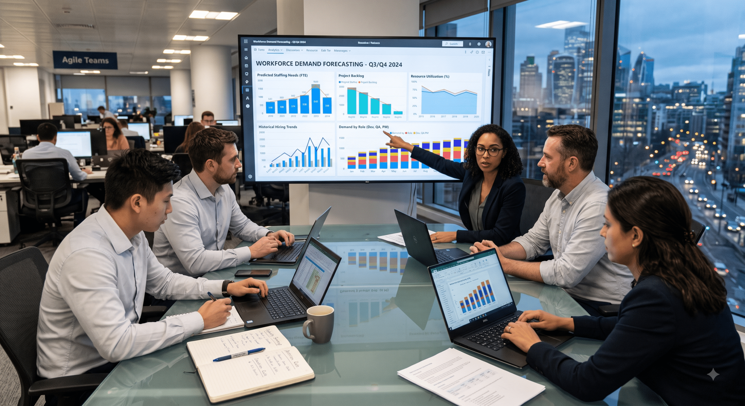 Strategic workforce planning team analyzing workforce demand forecasting dashboards, staffing needs, project backlog, resource utilization, and hiring trends in a modern office