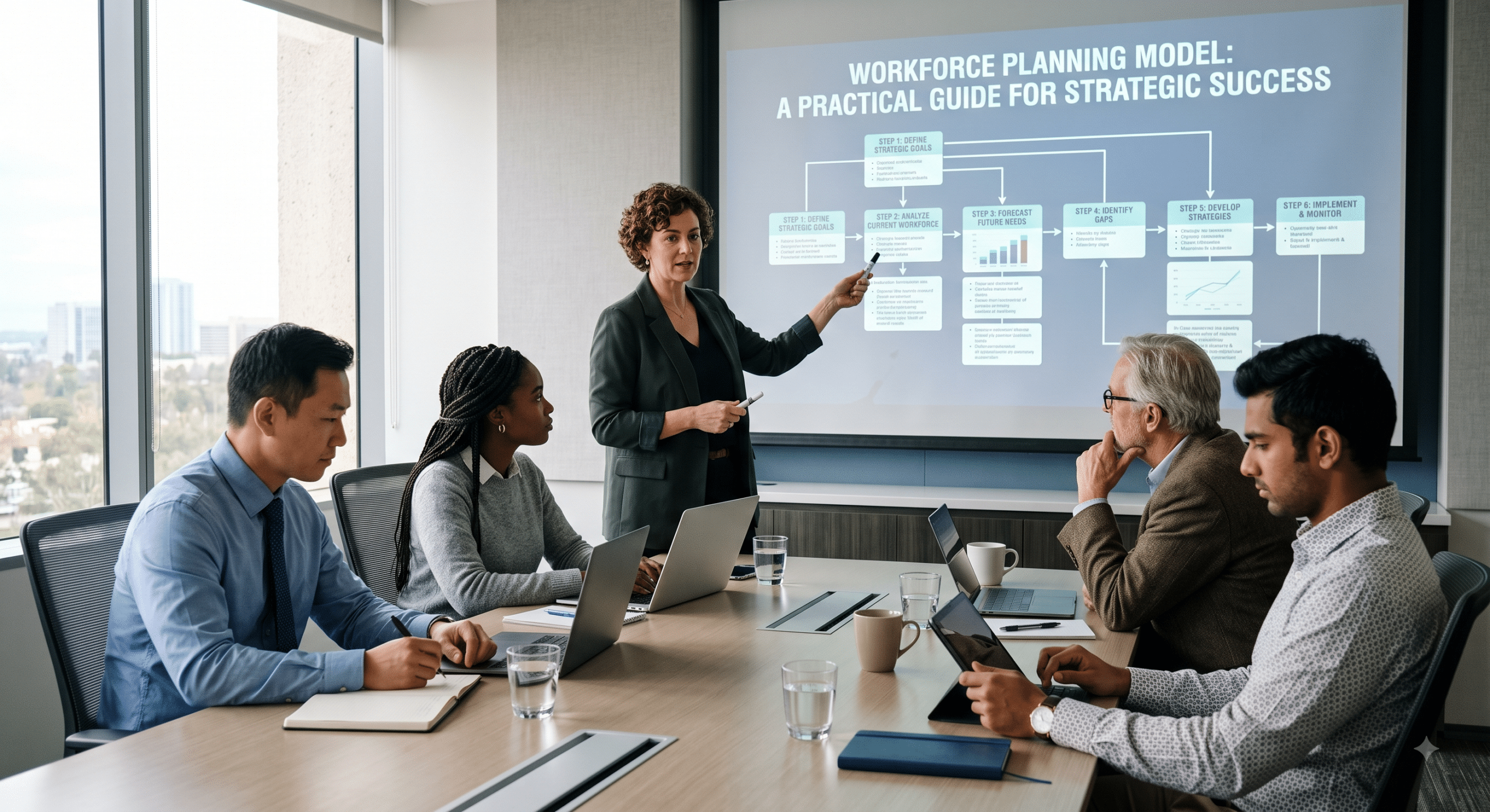 Workforce planning model presentation with strategic workforce planning team analyzing future staffing needs