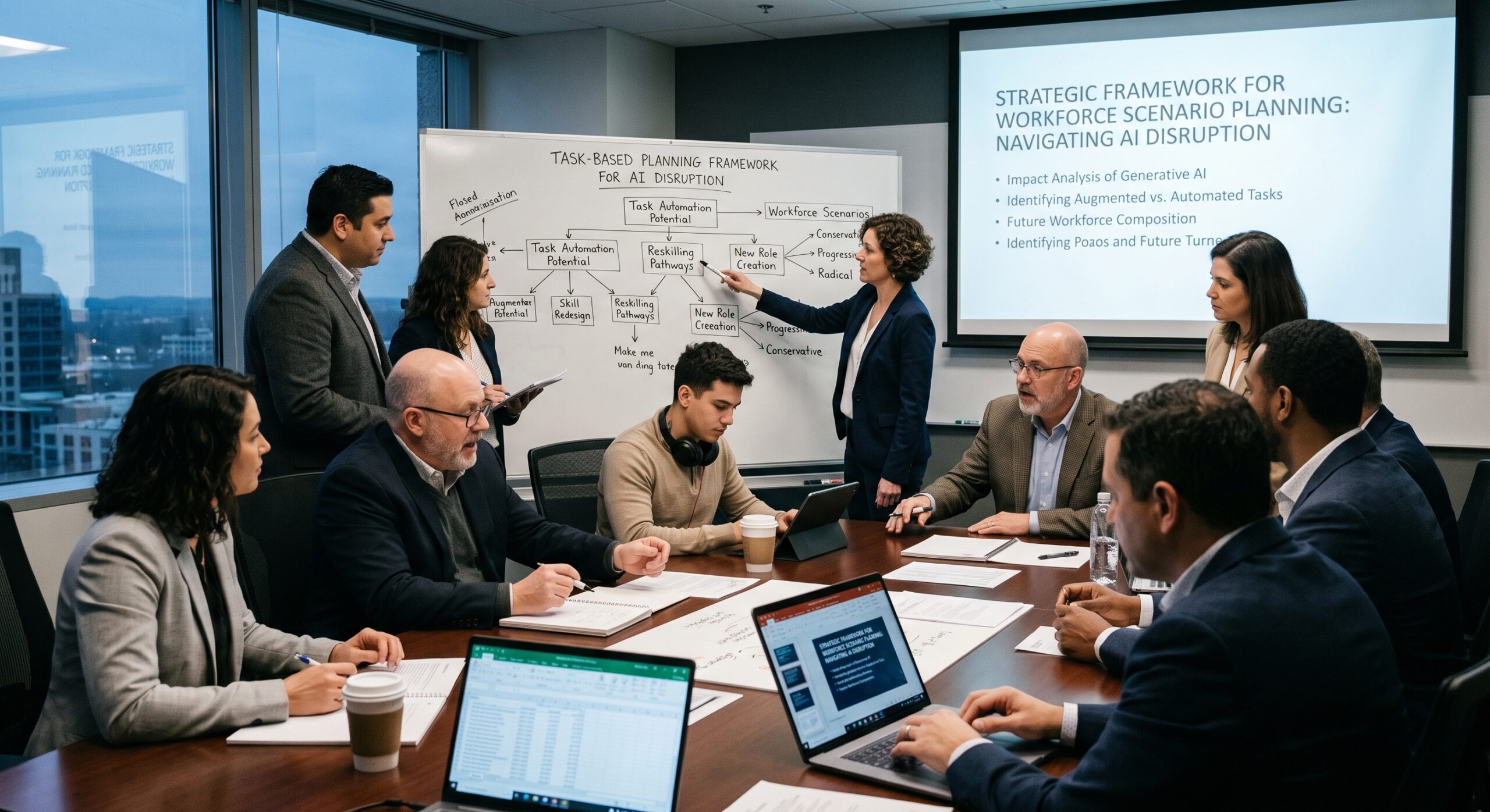 Business leaders discussing AI disruption, task-based workforce planning, reskilling pathways, and future workforce scenarios