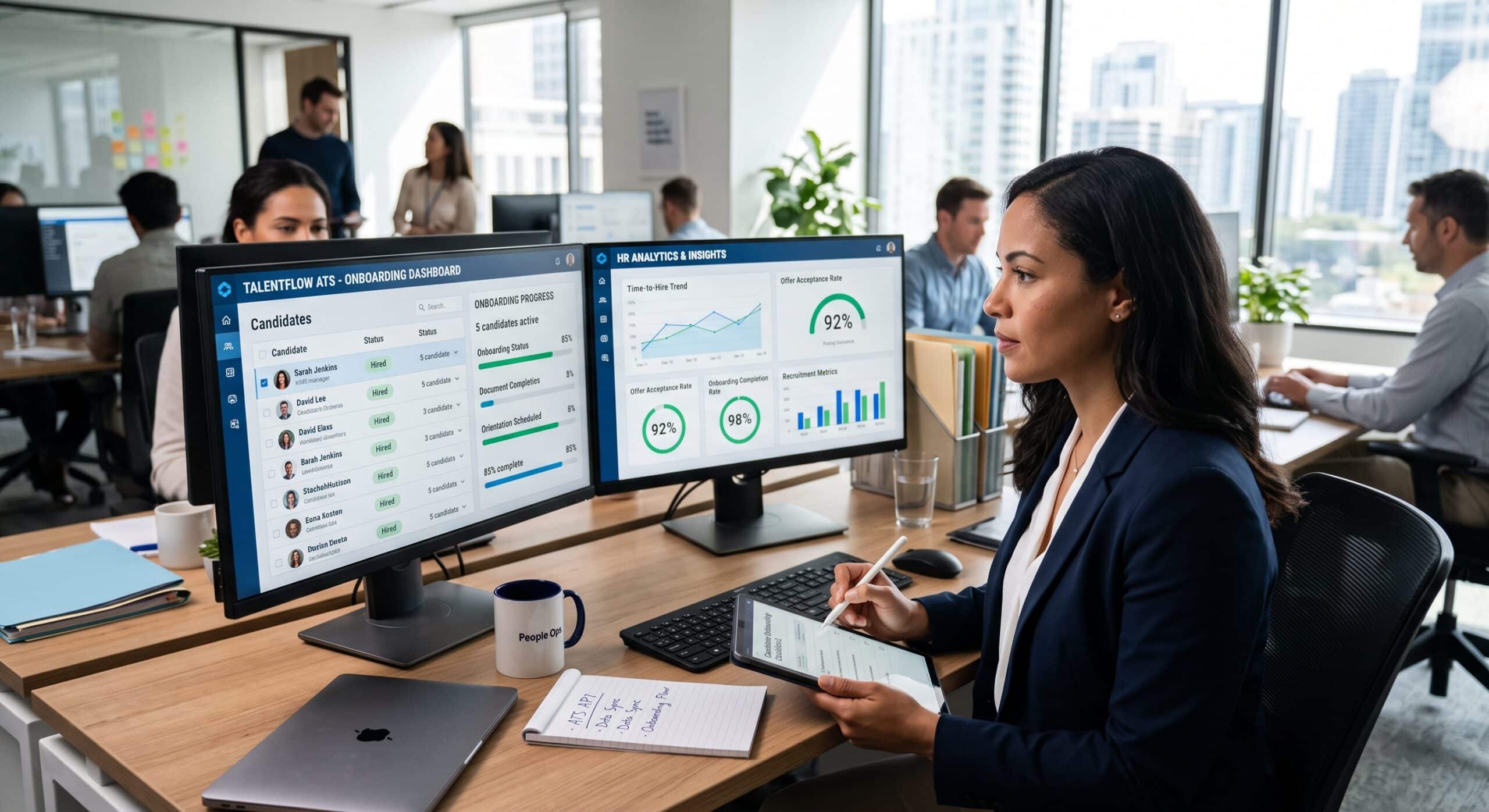 Talent acquisition manager reviewing an ATS API dashboard showing candidate onboarding status and HR analytics on dual monitors