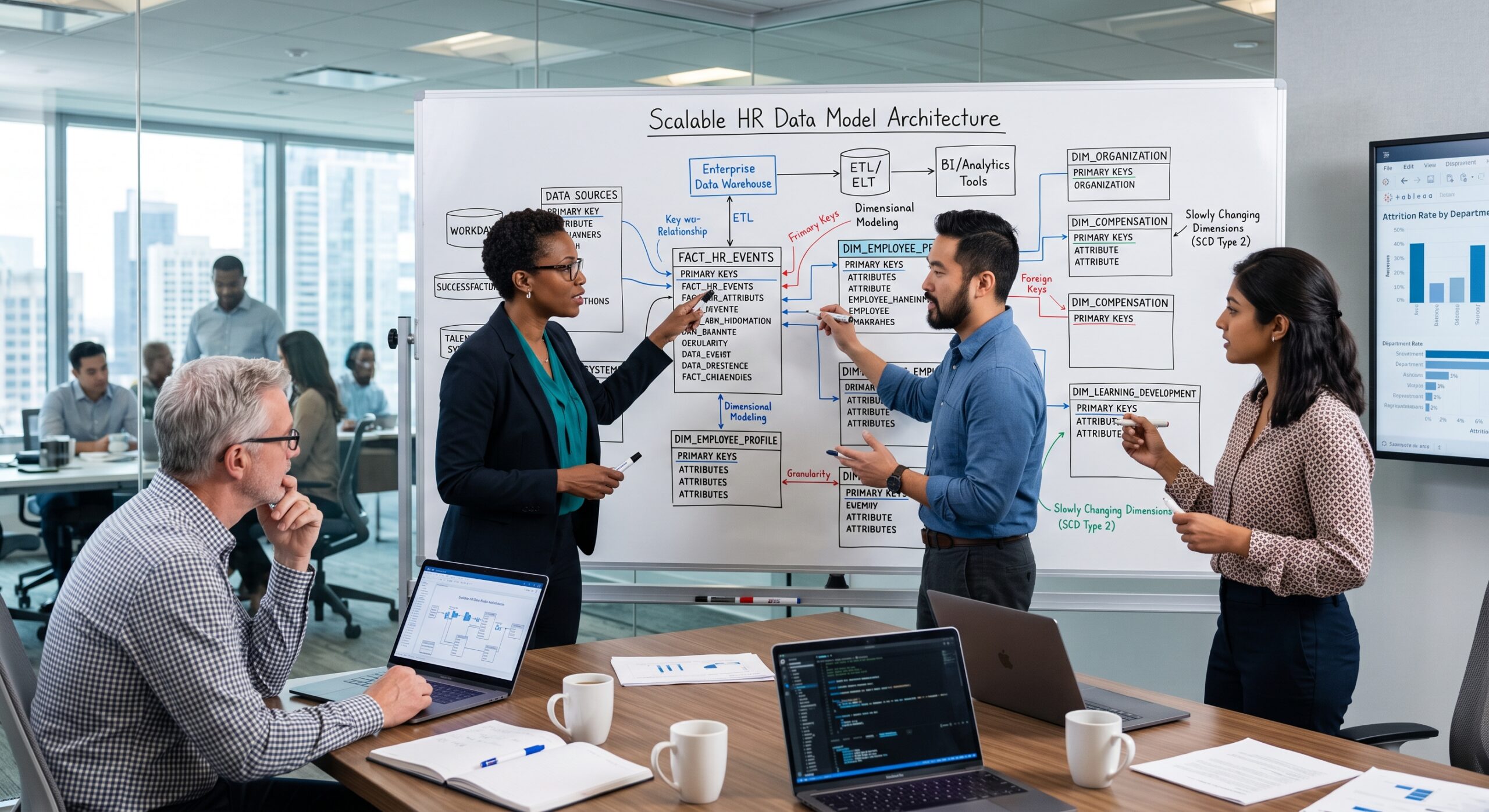 Enterprise data architects mapping a scalable HR data model on a whiteboard for HR analytics