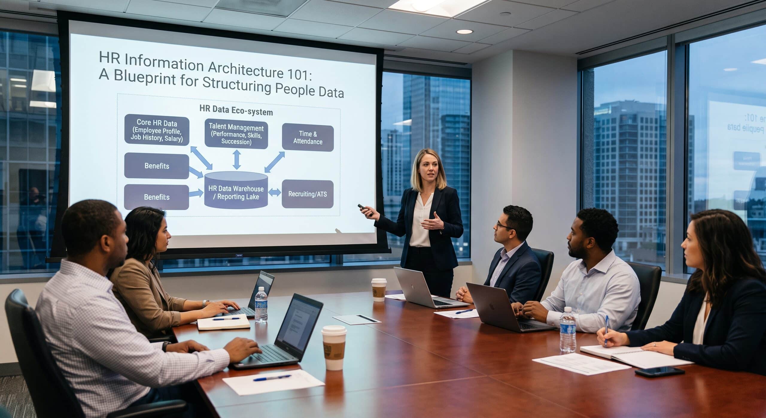 HR information architecture diagram connecting core HR data, benefits, and talent systems to a central data warehouse