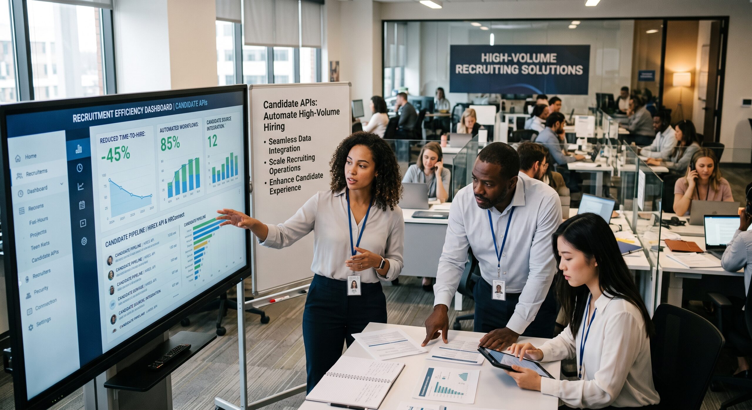 A group of HR professionals analyzing a data dashboard about high-volume recruiting solutions on a large screen in a modern office.