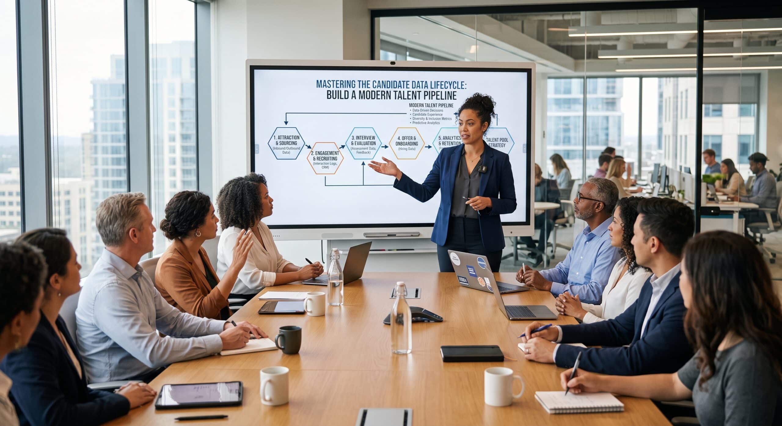 Recruitment director presenting the candidate data lifecycle framework, from sourcing to talent pool re-engagement, in a team meeting.