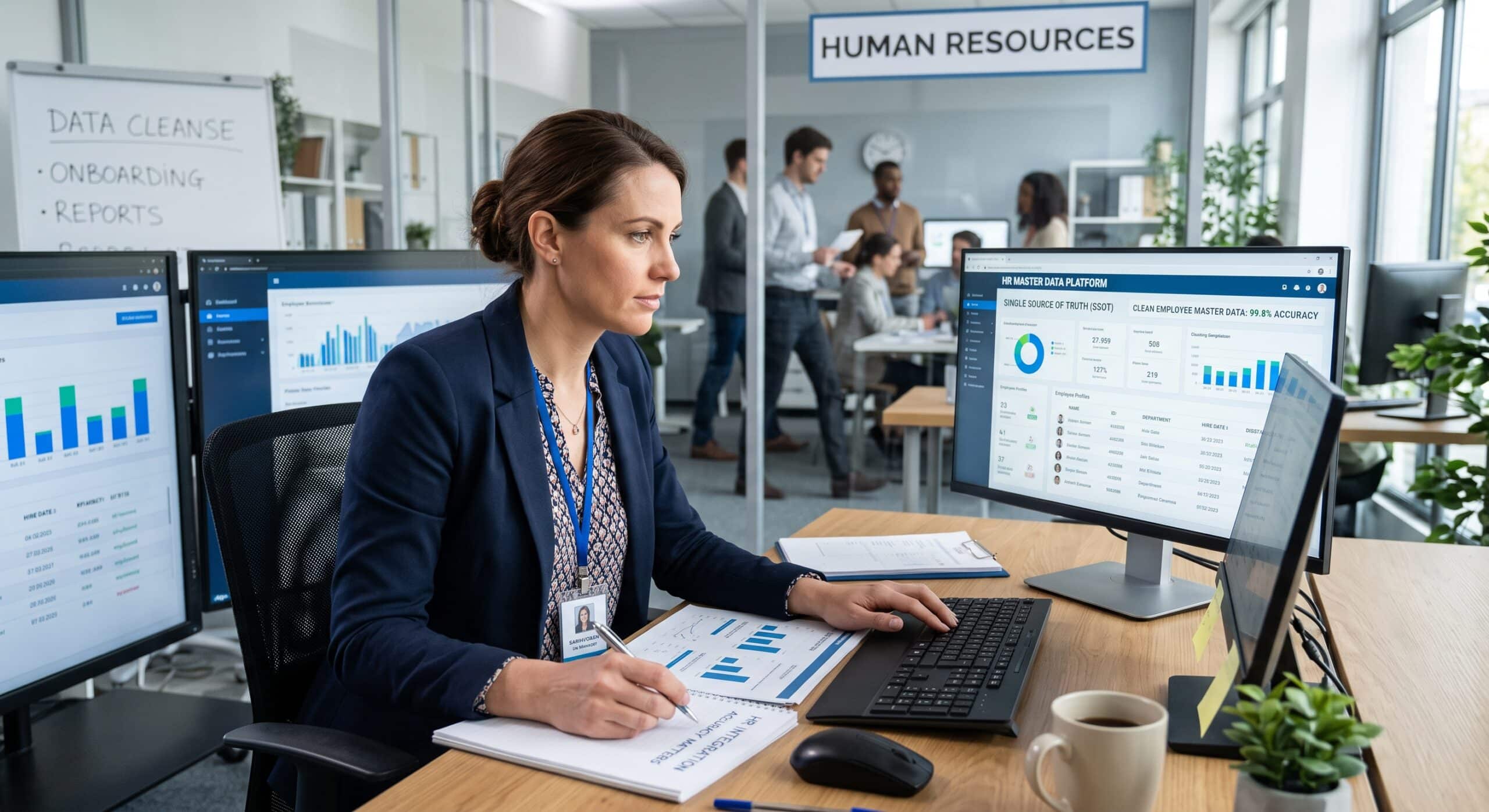 HRIS administrator reviewing a single source of truth dashboard showing clean employee master data accuracy