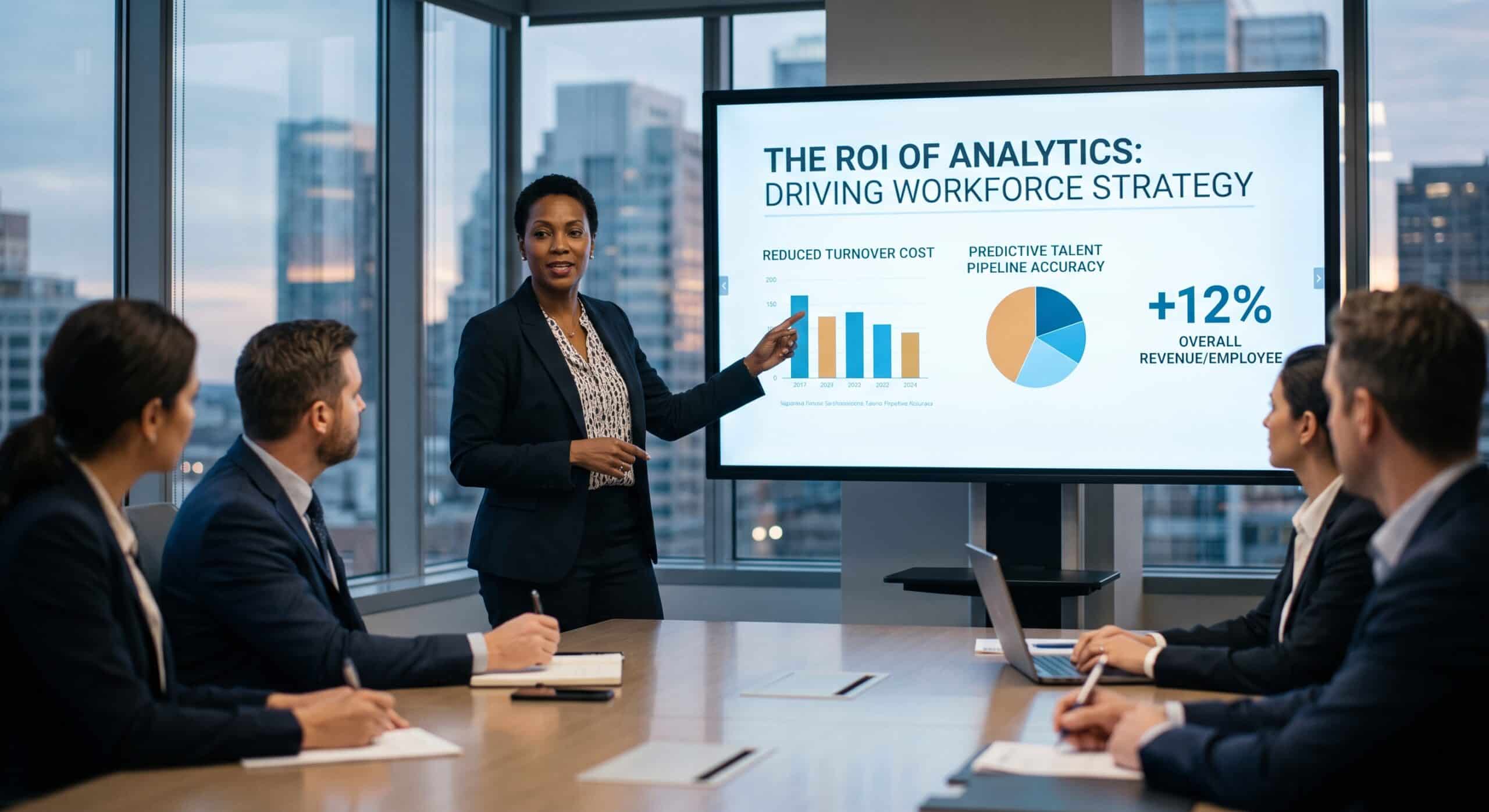 Head of People Analytics presenting a people data platform dashboard showing reduced turnover cost and revenue gains