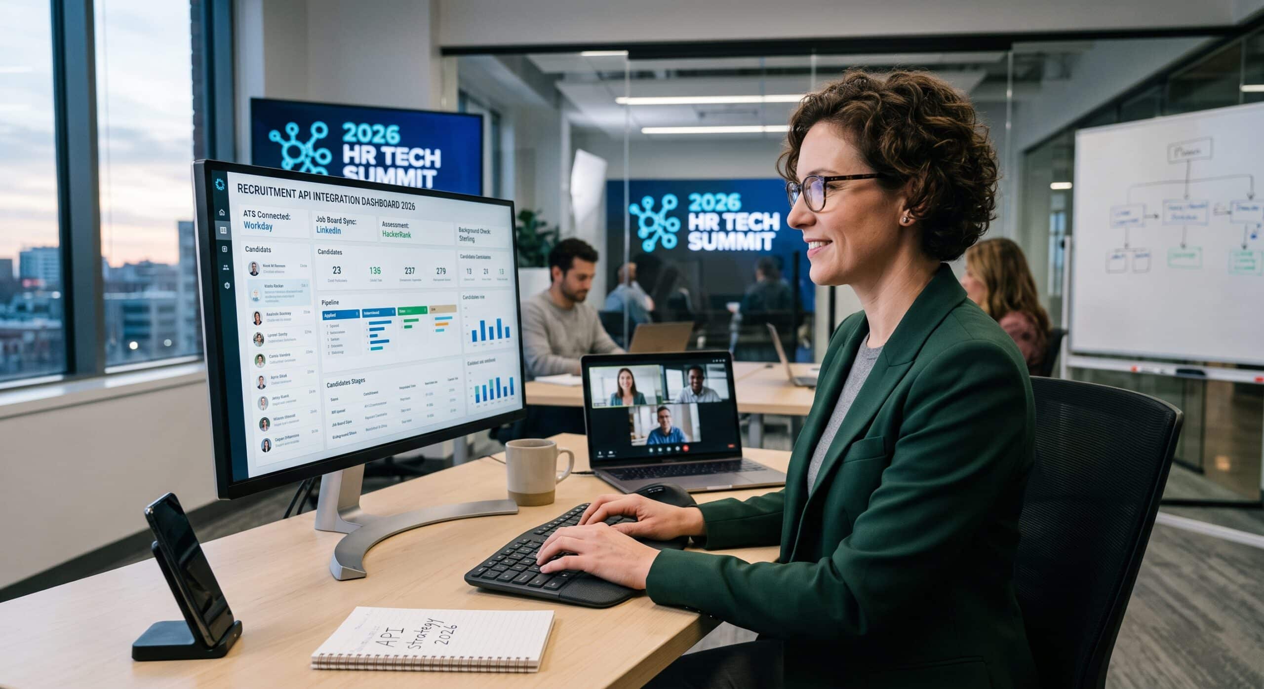 HR tech architect reviewing a recruitment API integration dashboard connecting Workday, LinkedIn, and Sterling at the 2026 HR Tech Summit