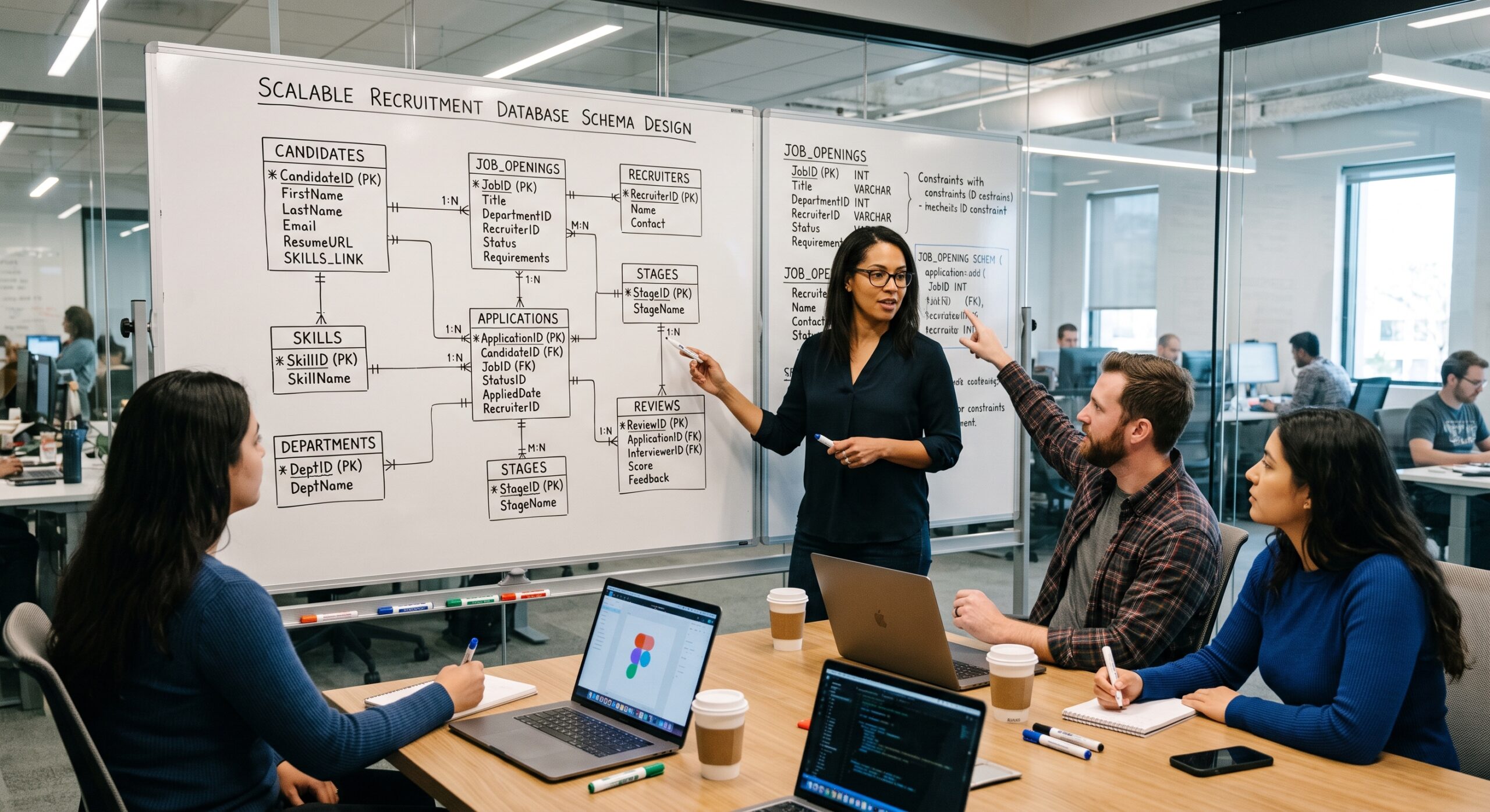 Data architect presenting a recruitment database design ERD with candidate, job, and application tables on a whiteboard