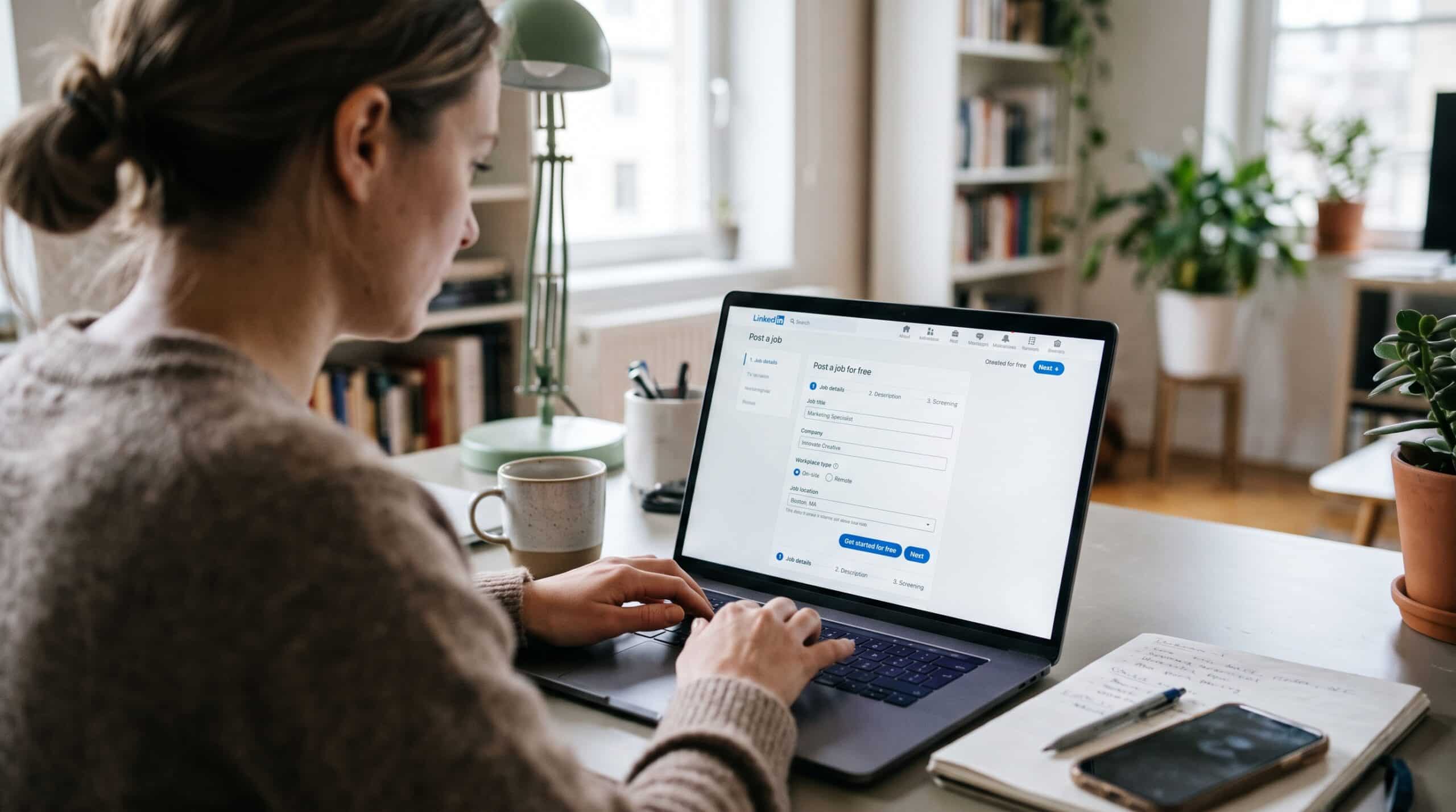 Woman posting a job for free on LinkedIn using a laptop at home