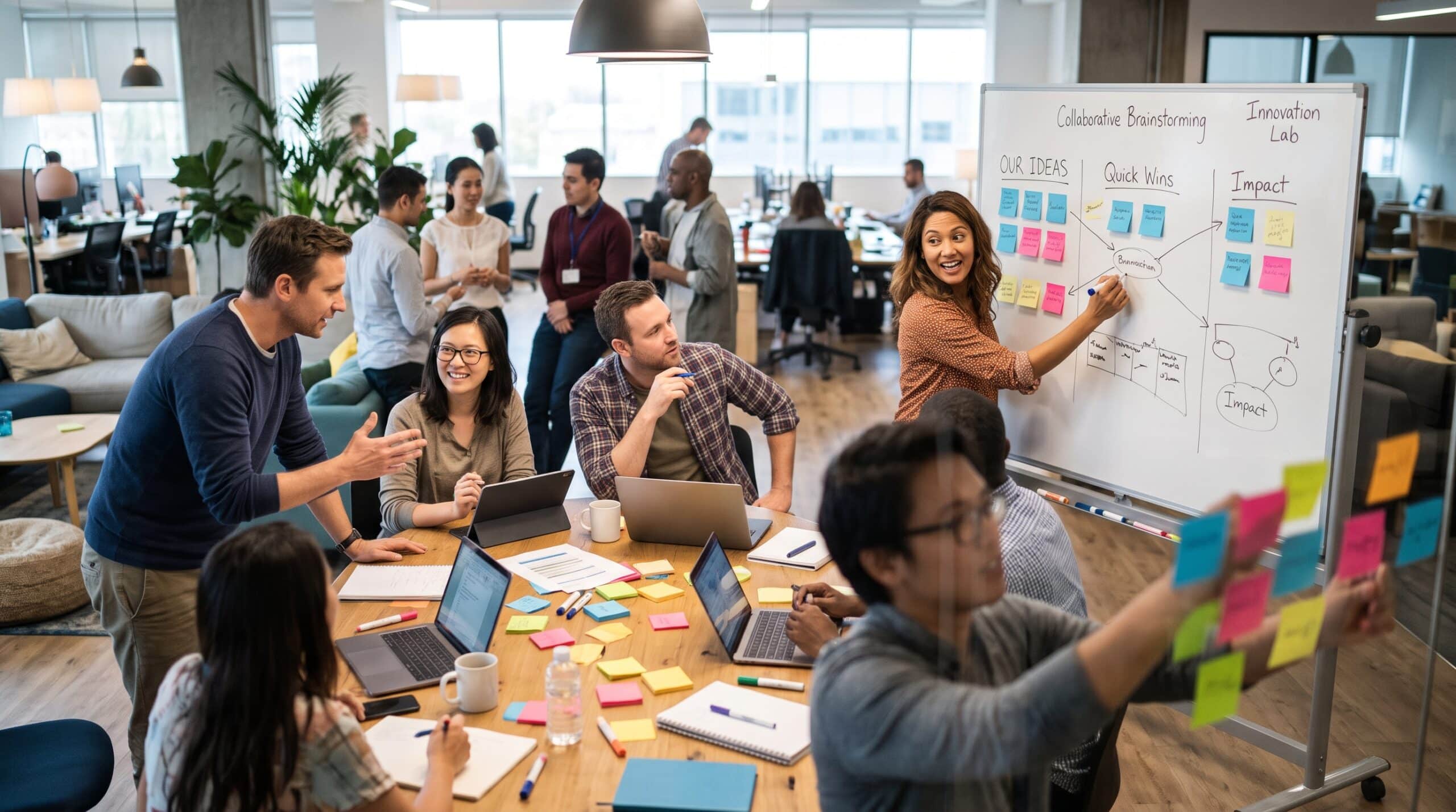 Employees collaborating on ideas to improve employee engagement and teamwork.
