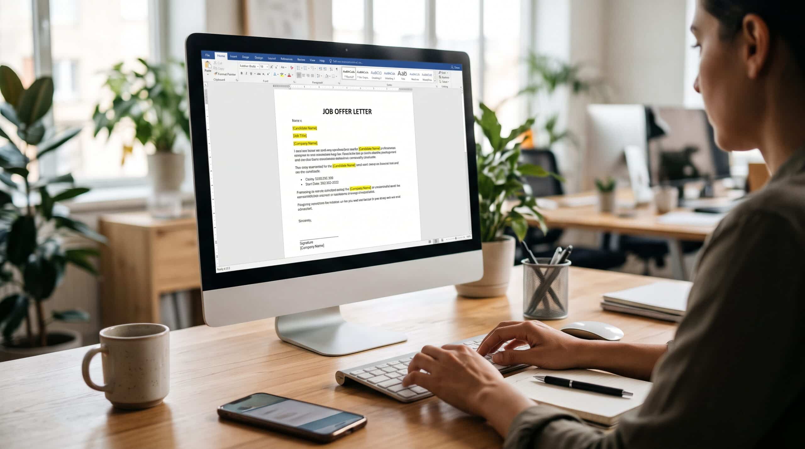 HR professional editing a job offer letter template on a desktop computer in an office