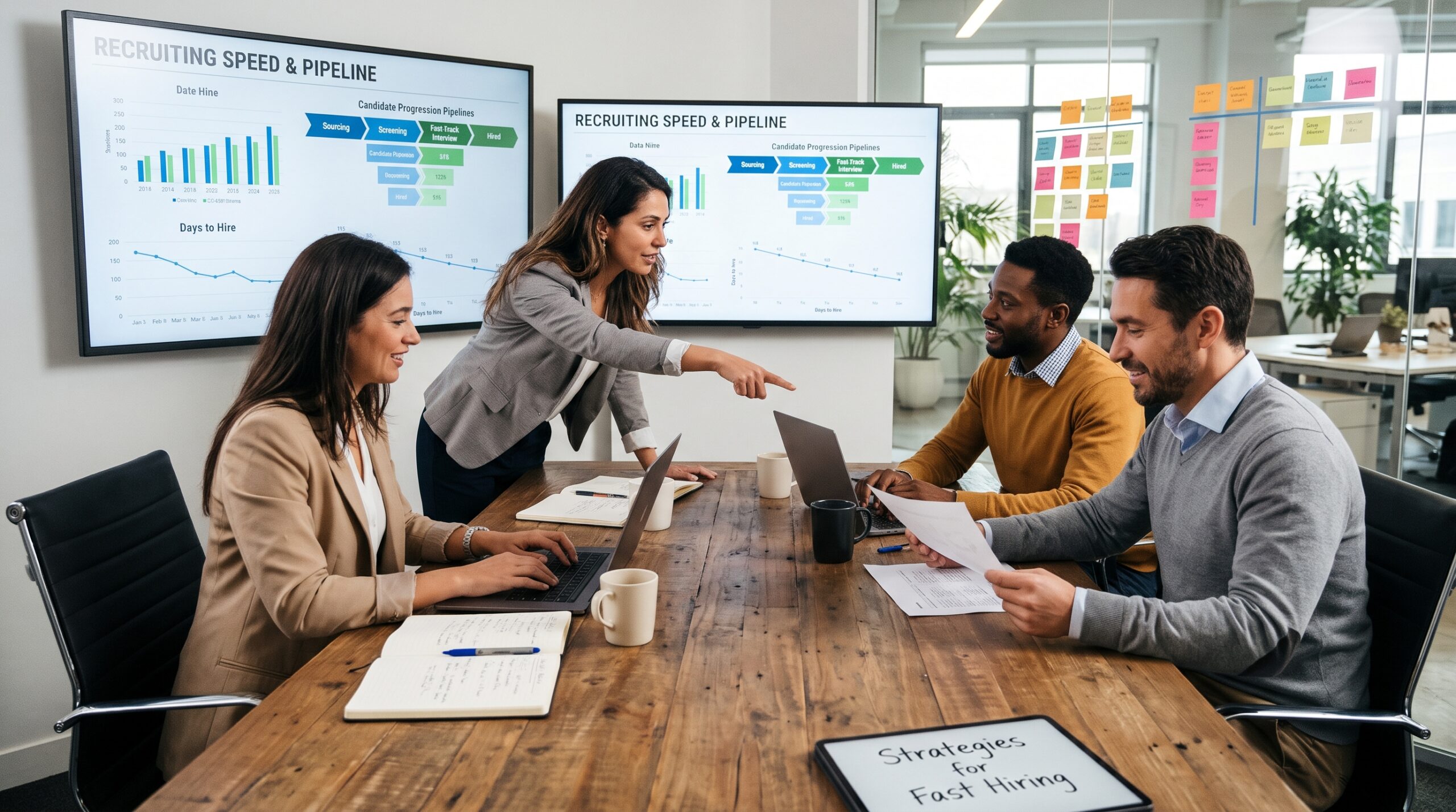 Recruiting team discussing hiring strategies and candidate pipeline analytics in a modern office